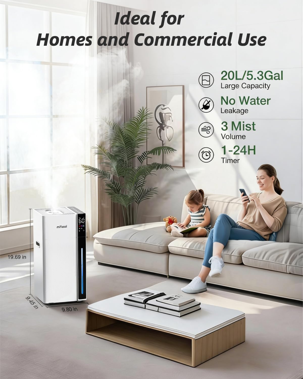 Mifasol Luftbefeuchter, großer Raum für Zuhause, 20 l, warmer und kühler Nebel, Luftbefeuchter für das ganze Haus, schnell und gleichmäßig, Befeuchten Sie größere Flächen, Top Fill, Dual-Nebeldüsen
