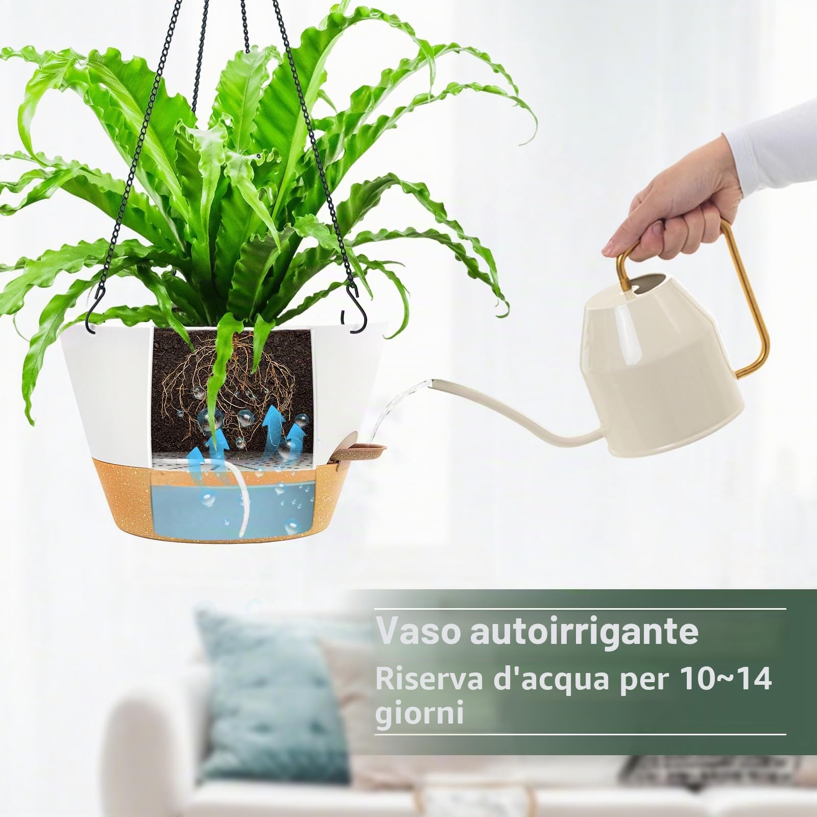 ZMTECH Vasi Sospesi Auto-irriganti 30cm, Set di 2, con Sottovaso, Indicatore di Livello Acqua e Fori di Drenaggio per Piante da Interno ed Esterno, Bianco