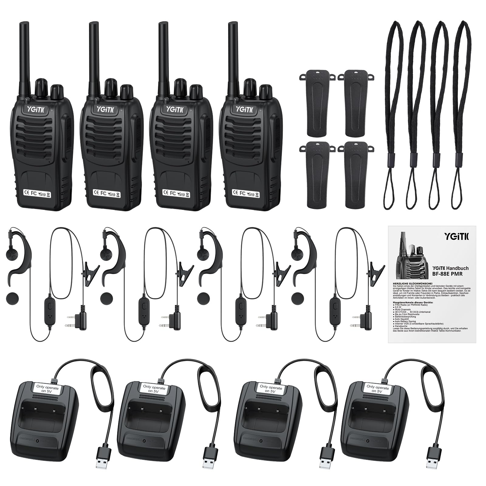Walkie Talkies 4 Stück PMR446 16 Kanäle Professionelle Funkgerät Set | Lizenzfrei Wiederaufladbare Langstreckenradio mit VOX LED-Taschenlampe, Handheld, für den Außenbereich (2 Paar, Schwarz)