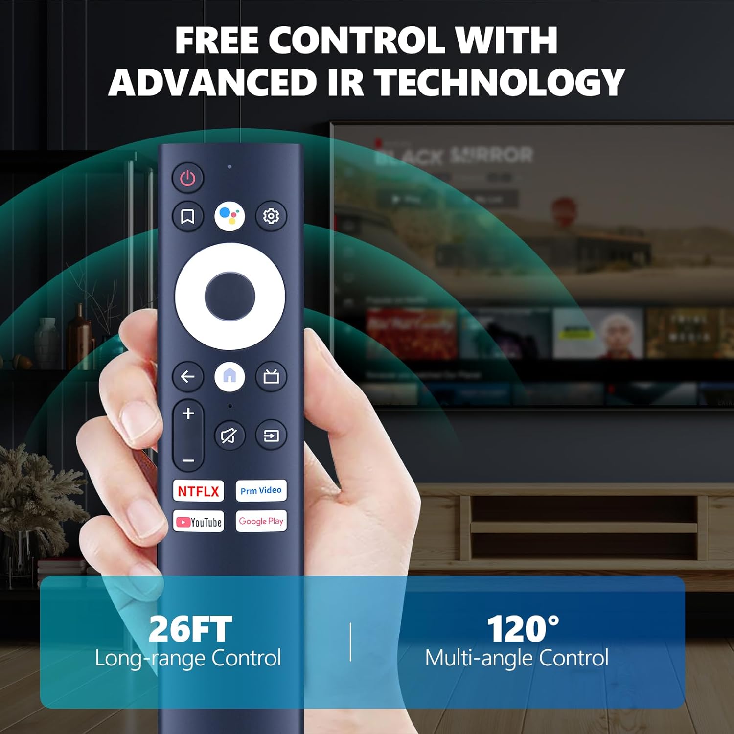 Hand holding PZL 55Q20 remote control with TV in background, showing 'FREE CONTROL WITH ADVANCED IR TECHNOLOGY' and range details