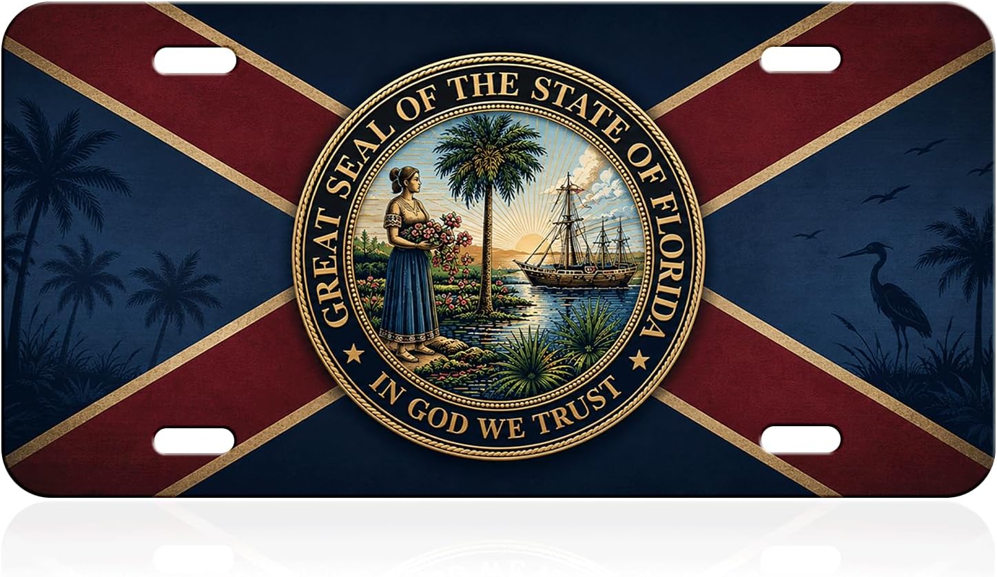 Monochrome Florida Sunset Aluminum License Plate State Wall Decor | Great for garages, offices, beach homes, patios, game rooms, or monochrome Florida-themed wall displays.