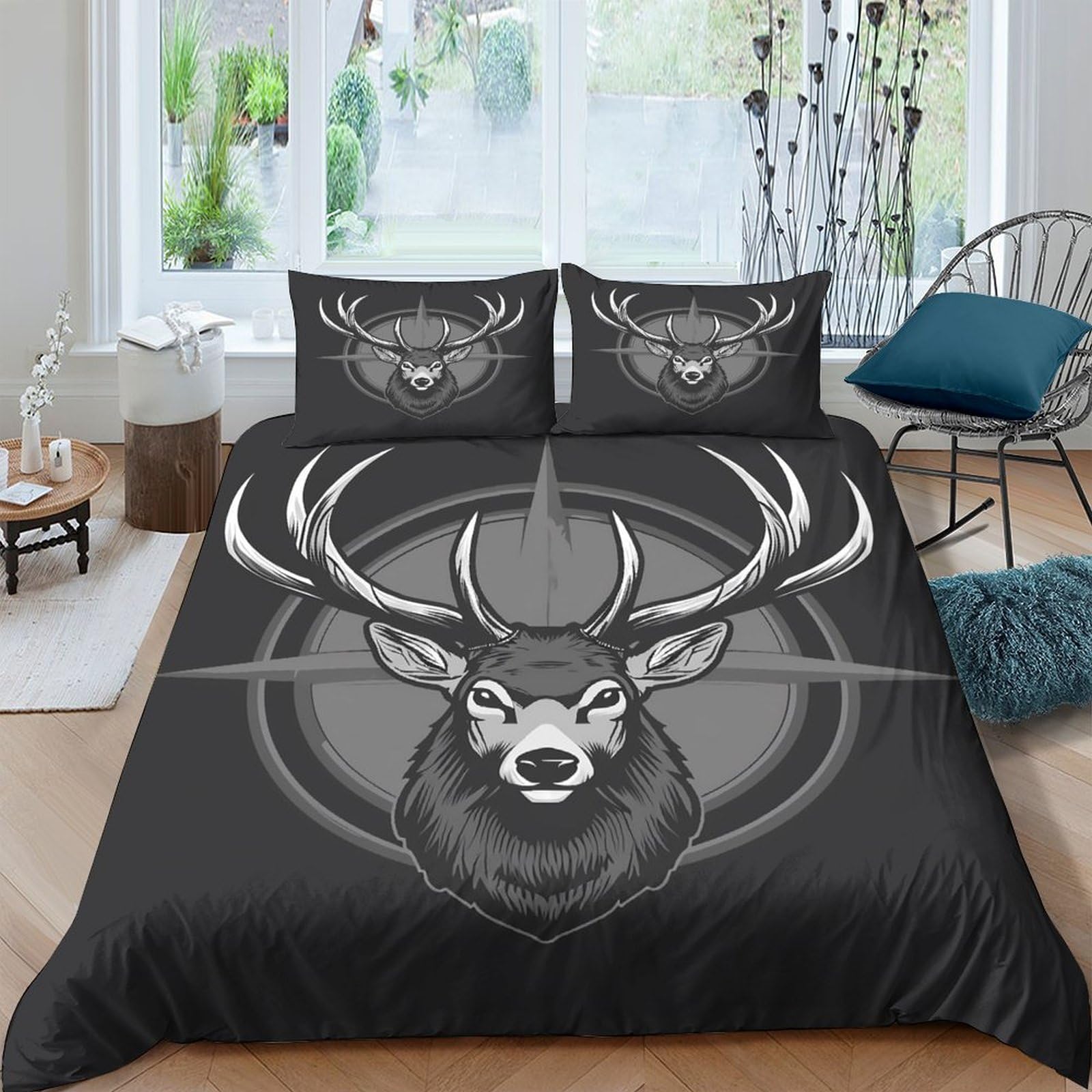 GPLZQXKJNH 3D Printed Deer Antler Duvet Cover Microfiber Soft Breathable Forest Animal Bedding Set with 2 Pillowcases for Bedroom Home Décor Single（135x200cm）