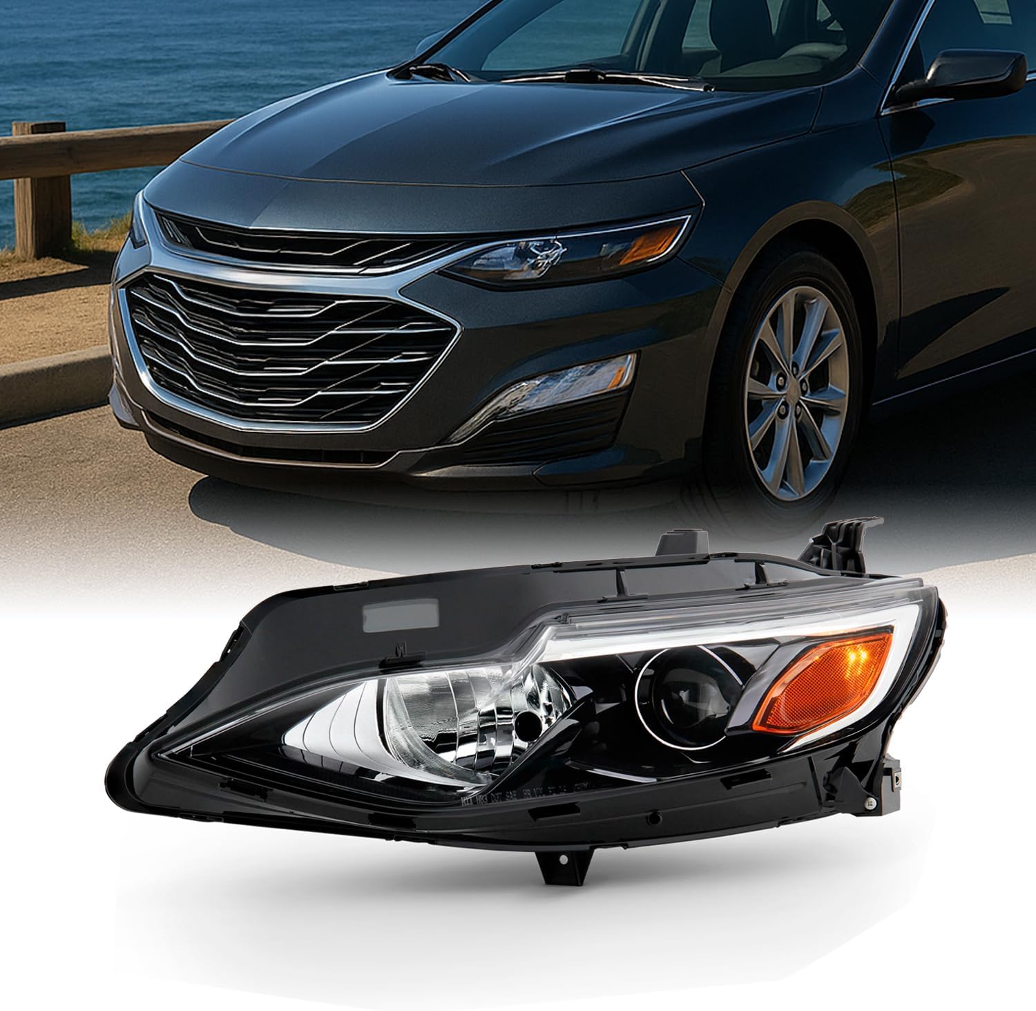 AKKON - Fits 2019-2021 Chevy Malibu [Halogen Type] Projector Chrome Headlights Driver Left Side Replacement 19 20