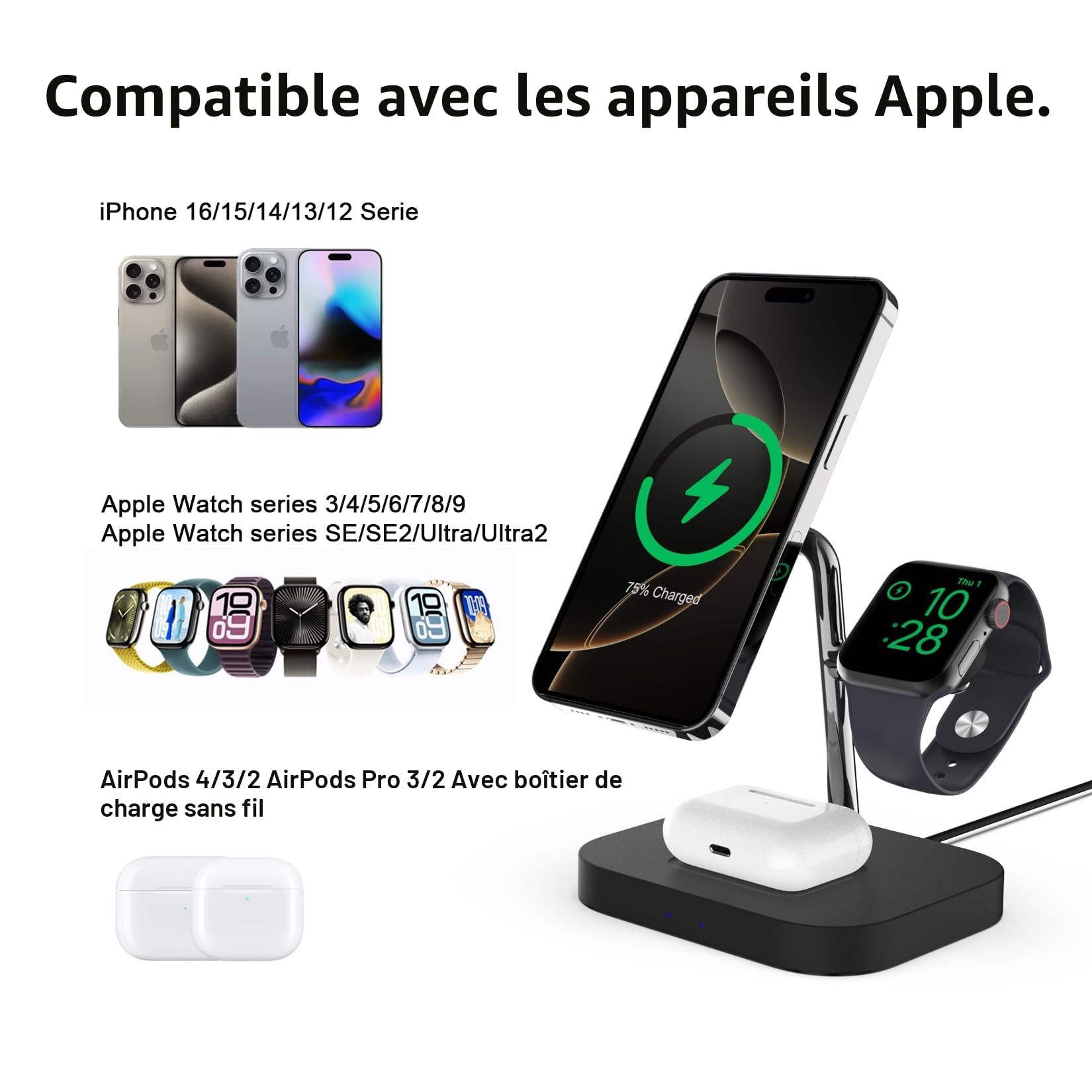 Boaraino Station de Charge, Magsafe Chargeur sans Fil 3 en 1 Magnétique Compatible avec iPhone 17/16 /15/14/13/12, Apple Watch 11/10/9/8/7/6/SE/5/4/3, AirPods 2/3/4/5/Pro