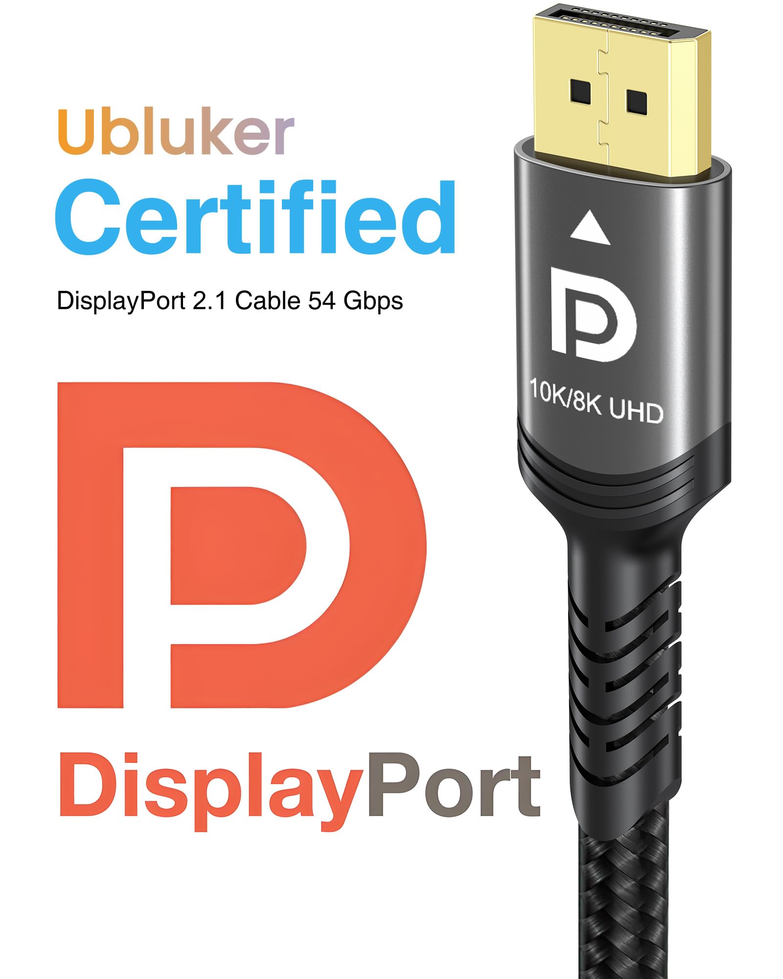 Ubluker 10K 8K 4K Câble DisplayPort 2.1 54Gbps 2M, Certifié Câble DP vers DP 4K 240Hz 165Hz 144Hz 120Hz 10K 8K 60Hz Nylon Tressé UHBR HDCP2.3 FreeSync G-Sync RTX5090 Moniteur Projecteur PC