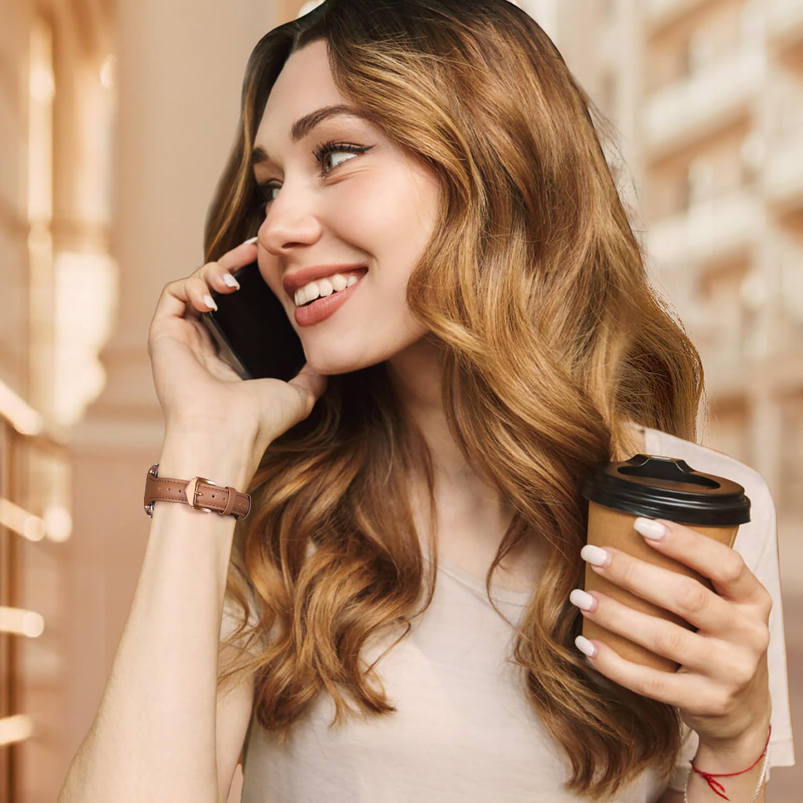 DaQin Slim Leather Band Compatible with Apple Watch Bands for Women 40mm 38mm 41mm,Top Grain Genuine Leather Strap Thin Replacement Wristband for Apple Watch Series 10 9 8 7 6 5 4 3 2 1 SE Ultra Brown