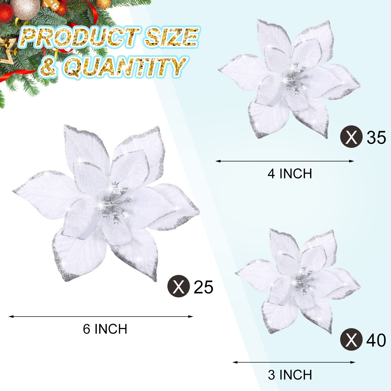 Geosar 100 Pcs Poinsettia à Paillettes de Noël de 3 Tailles Fausses Fleurs de Mariage Ornements de Décoration de Fleurs de Noël pour Décor Extérieur Maison Nouvel an Arbre de Noël (Blanc)