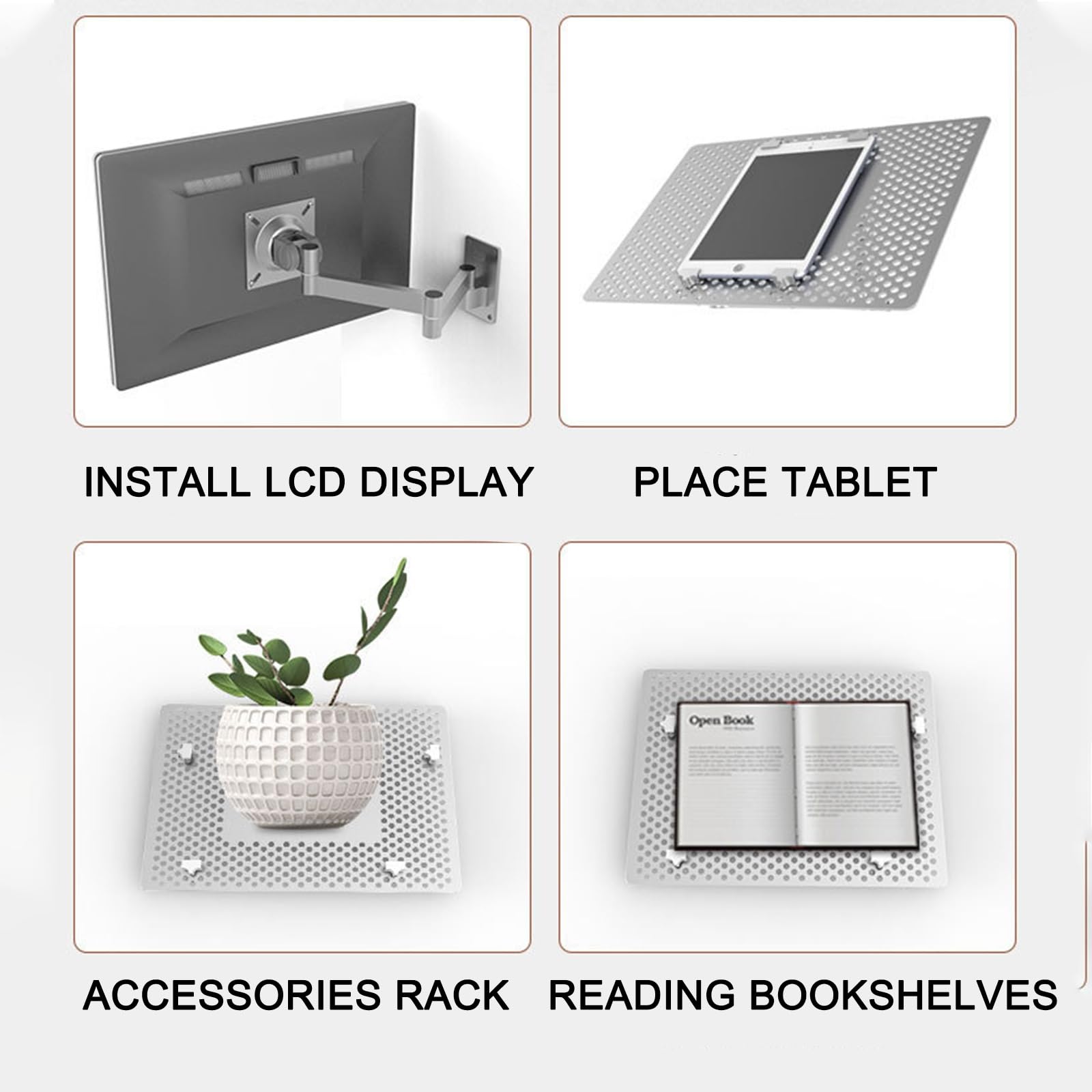 Soporte de pared para portátil con bandeja para mouse, aleación de aluminio, rotación de 3 ejes, rejillas de ventilación, tornillos de expansión incluidos para portátiles y monitores