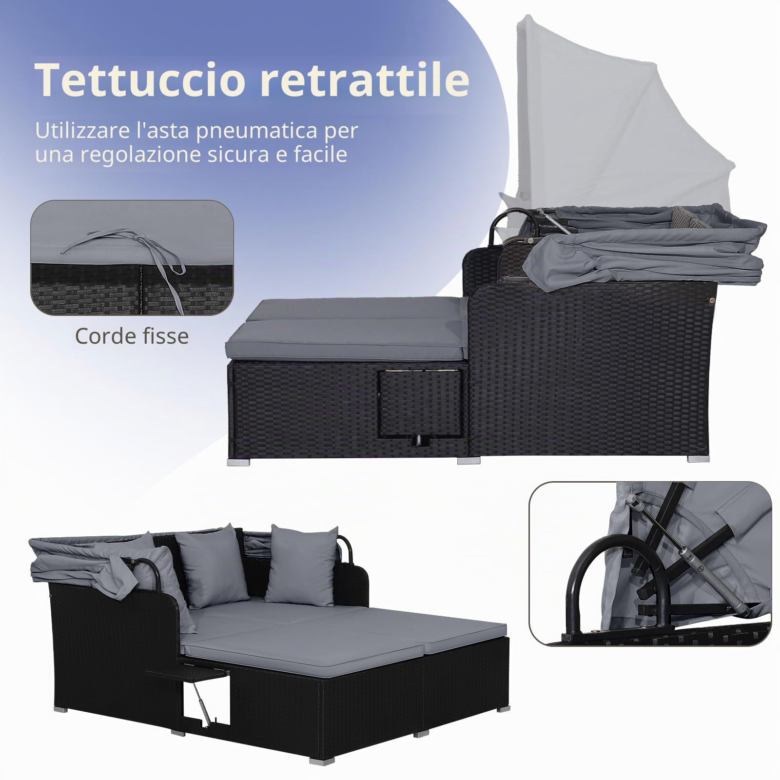 LIFEZEAL Salotto da Giardino Esterno, in Rattan PE, Divanetto per 2 Persone, Trasformabile in Letto Matrimoniale, con Ombreggiatura del tettuccio, Tavolino da Caffè e 4 Cuscini, 165x153x138cm (grigio)