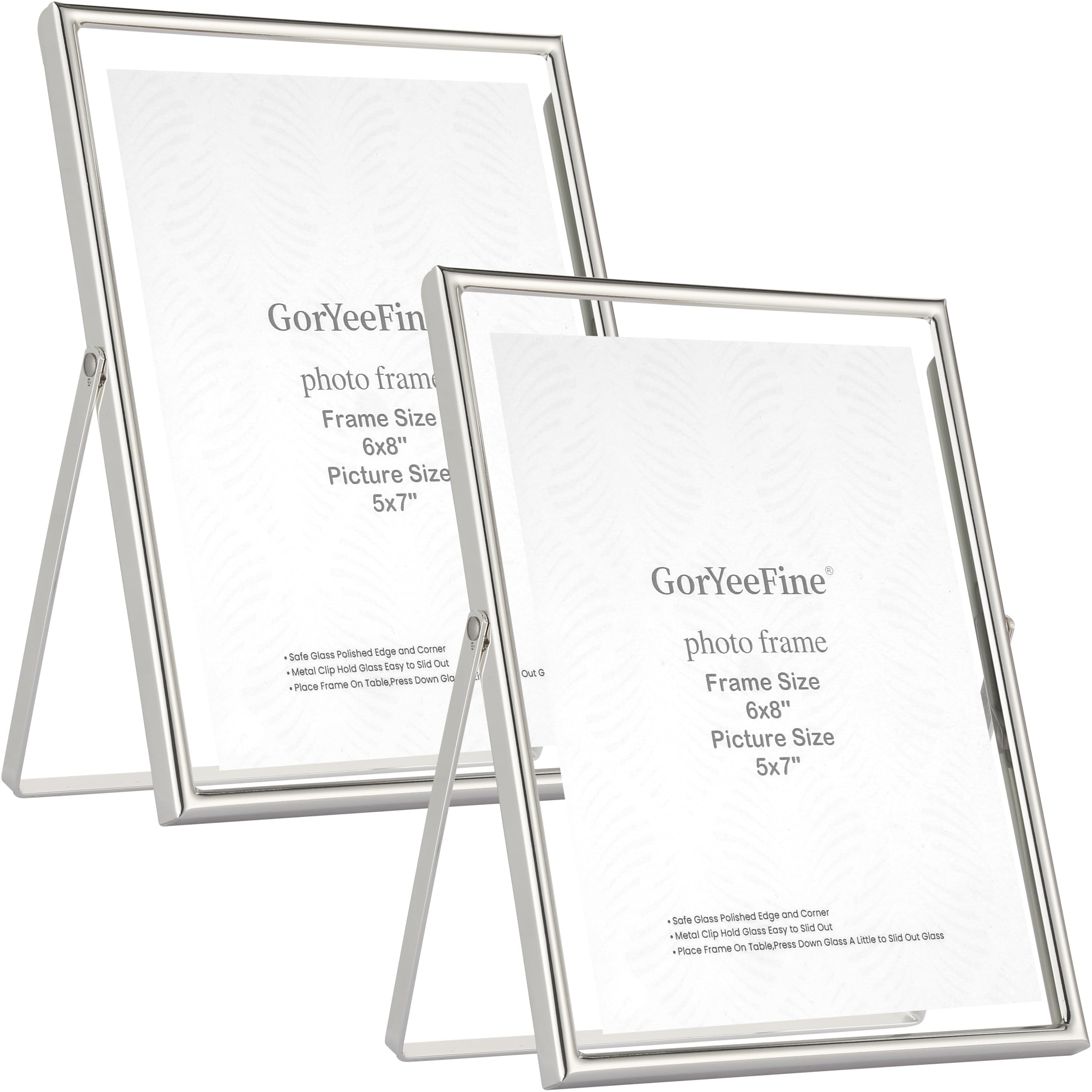 Premium Silver 6x8'' Floating Picture Frame Set of 2,For Photo Sizes (3.5x5''4x6''5x7''),Classy Flaoting Frames for Wedding & Home Decor,Easy Glass Replacement with Spring - Loaded Mechanism