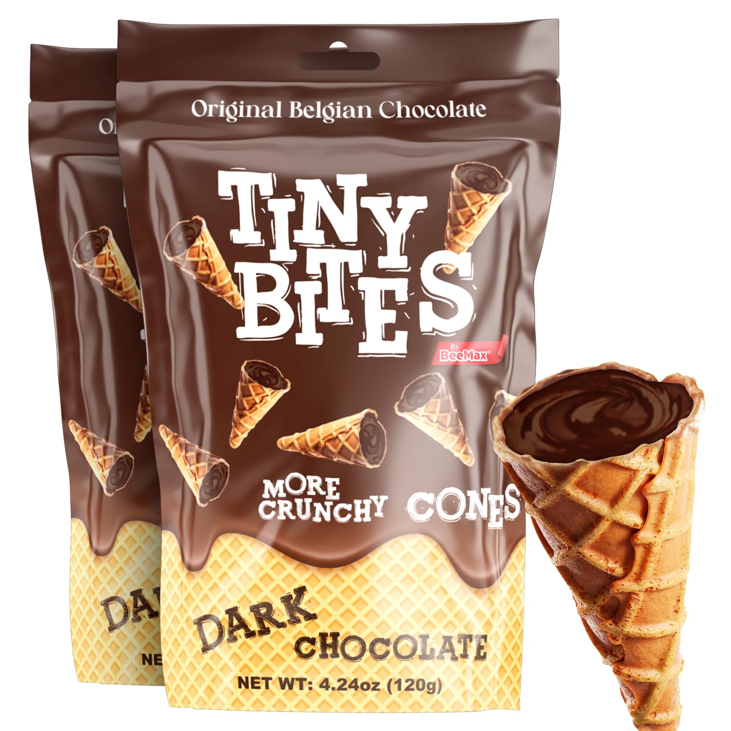 Tiny Bites - Crispy Mini Waffle Cones Treats - Premium Belgian Chocolate, 4.24 oz Bag (Pack of 2) - Delicious Variety of Flavors, Perfect Snack, Dessert, or Ice Cream Topping (2 Pack, Dark Chocolate)