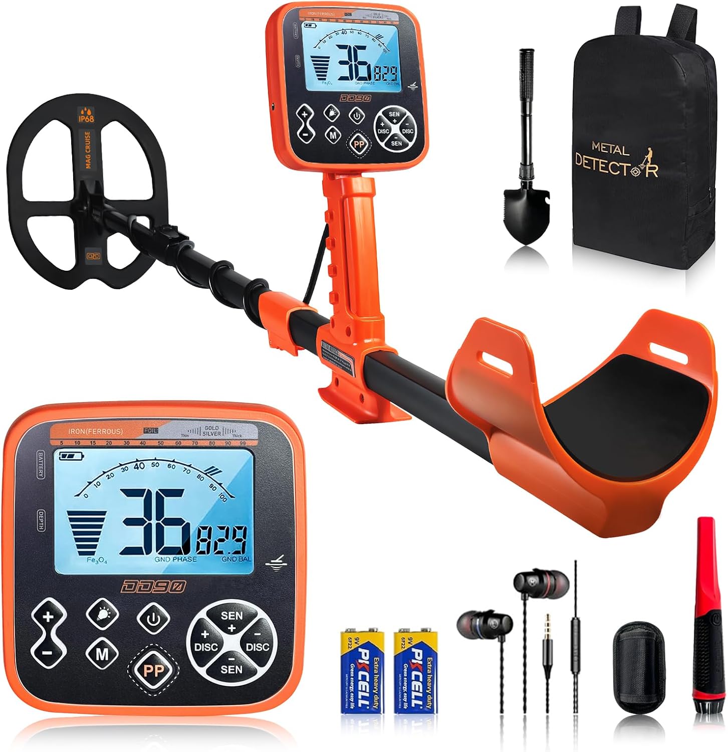 DD90 Dual D Coil Metal Detector, IP68 Waterproof, LCD Backlight | Adult Professional Gold & Silver Detector Set, for Beaches/Rivers