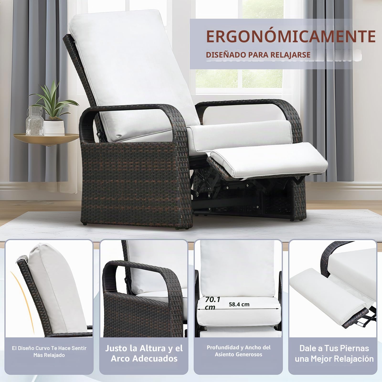 ART TO REAL Silla reclinable de Mimbre de Resina para Exteriores con Cojines