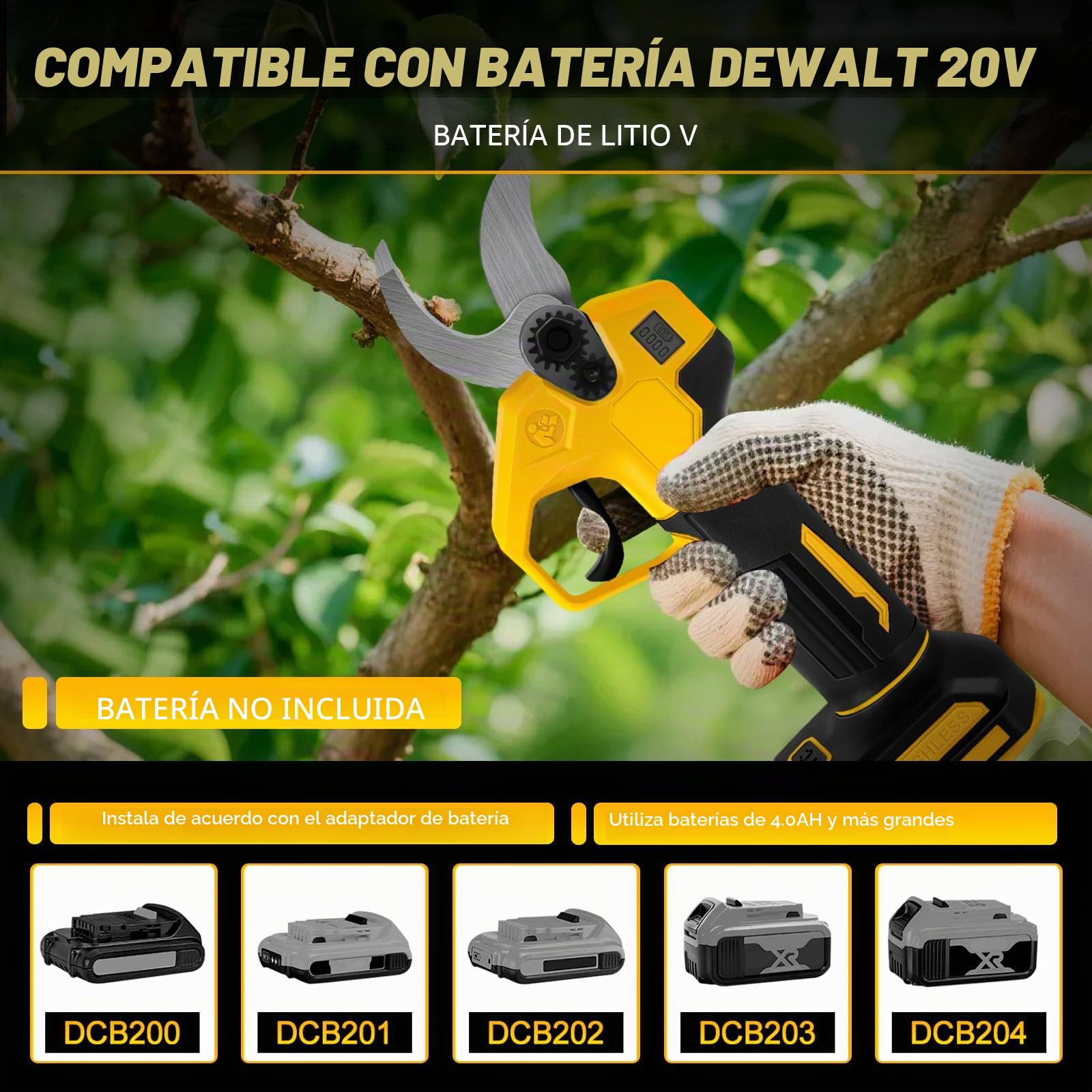Tijeras de Podar a Batería para Dewalt 20V (sin Batería) | Podadora Eléctrica sin Escobillas, 2 Velocidades, Pantalla Digital, Corte 30 mm, Piedra de Afilar y Cuchillas