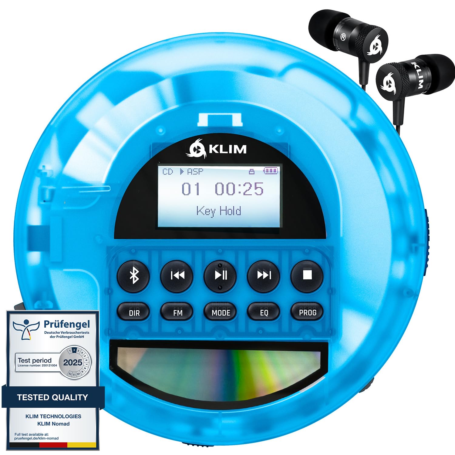 KLIM Nomad Transparent Blue - Portable CD Player Walkman with Long-Lasting Battery - Includes Headphones - Discman MP3 Player - TF Card FM Radio