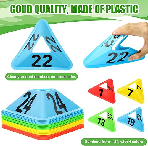 Miniatura 10 de Paquete de 24 conos deportivos, conos de fútbol con conos de tráfico numerados, conos de plástico para entrenamiento deportivo, conos deportivos