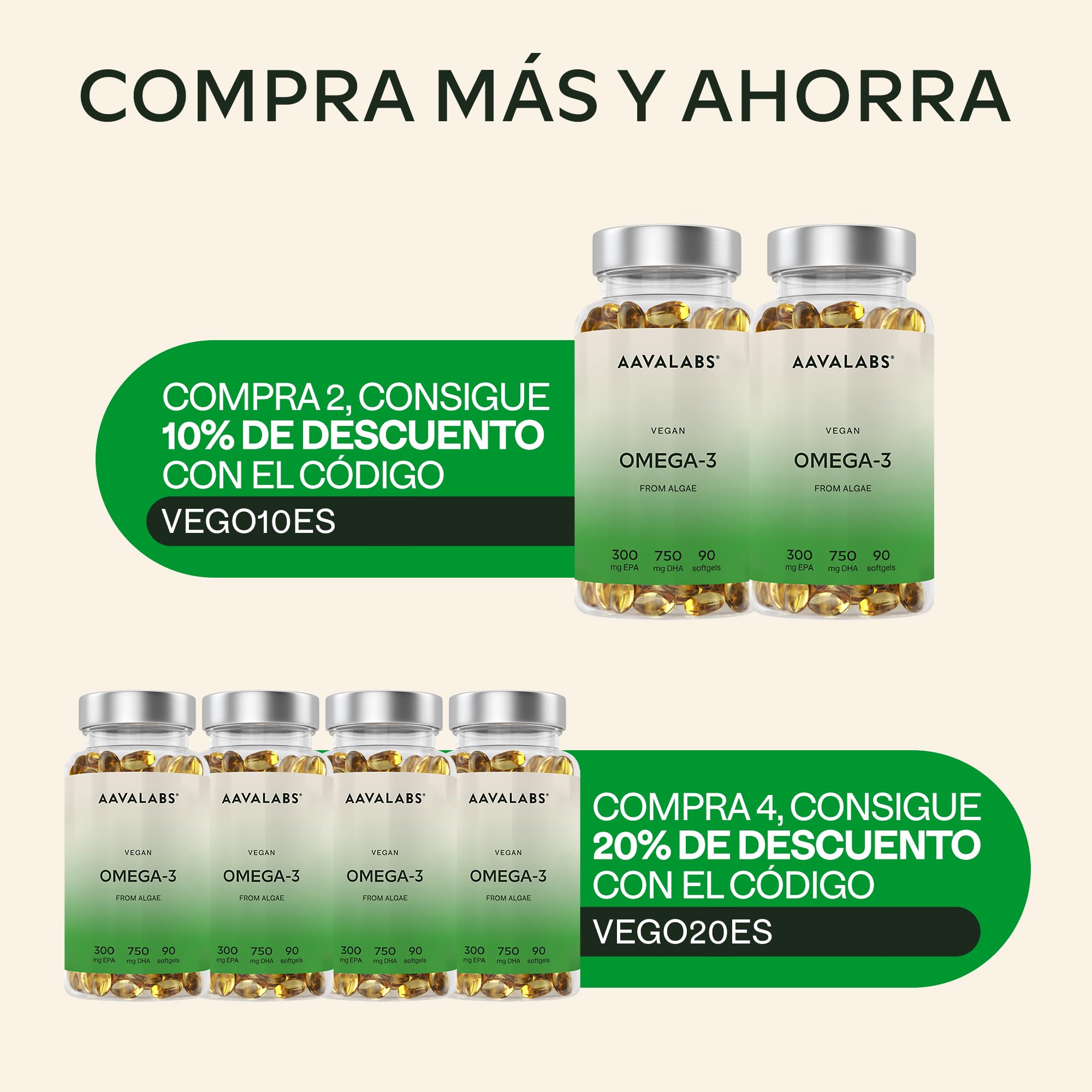 Omega 3 Vegano Aavalabs [ 1500 mg ] - de Aceite de Algas de Origen Vegetal Sostenible 750 mg DHA + 300 mg EPA por Dosis Diaria - Pureza Nórdica - 100% Vegano - 90 Cápsulas blandas