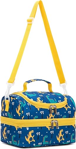 Miniatura 10 de Khulula Bolsa de almuerzo aislada de doble piso para niños y niñas, niños pequeños, escuela, picnic, refrigerador, agua caliente, hielo con correa,