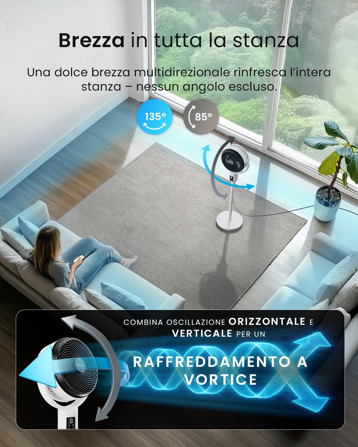Pro Breeze AirFlo Ventilatore 20dB Ultra Silenzioso– 9 Velocità, Da Ventilatore a Piantana(109 cm) a Ventilatore da Tavolo(60 cm), Oscillazione Vortex 95°/135°, Casa e Ufficio, Telecomando