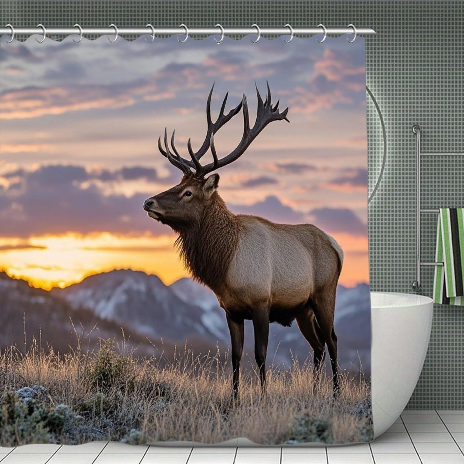 FekiLoot Red Deer Bull Elk Sunset Shower Curtain Minimalist Aesthetic Bath Curtain with Hooks Simple Water Resistant Bathroom Shower Curtains Cute Blackout Privacy Curtains Cloth Curtain
