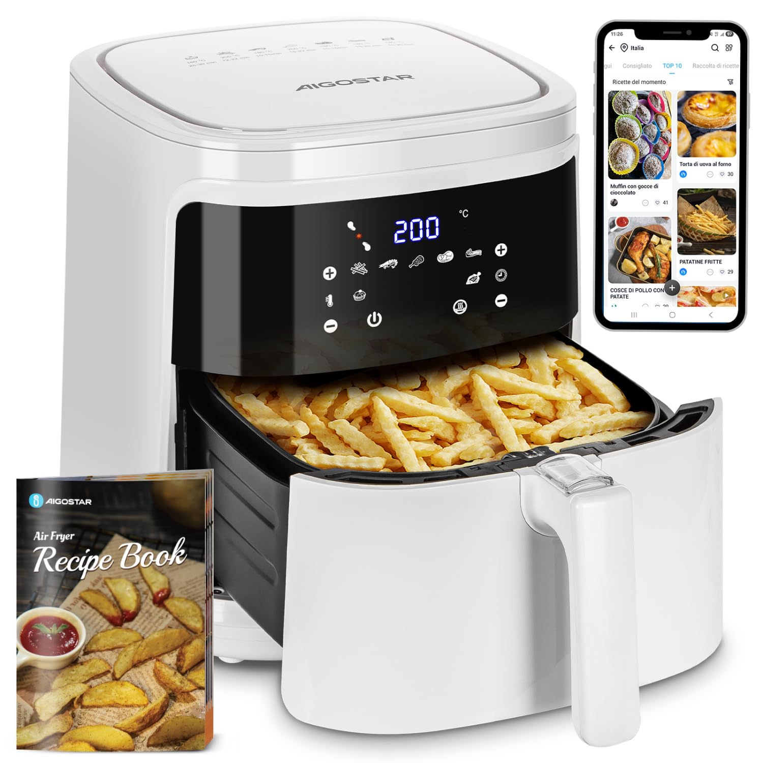 Aigostar Freidora de aire Wifi 7L 1900W, freidora sin aceite con 7 Programas, Pantalla LED, 360° Circulación de Aire, cesta antiadherente extraÃble, mantenimiento del calor, recetas, sin BPA, Blanco