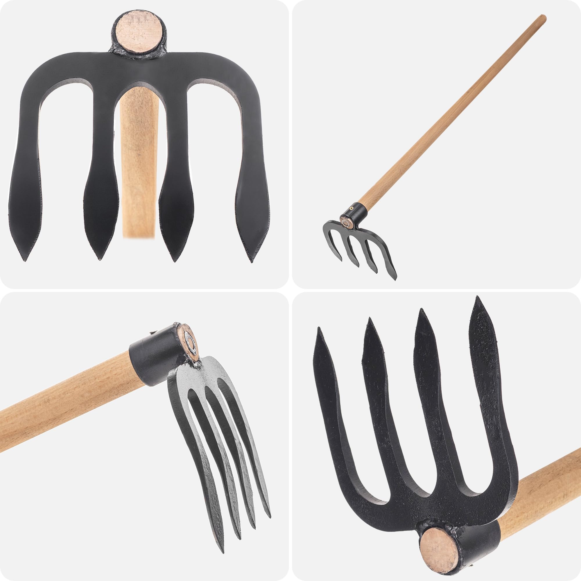 KADAX Talon de pommes de terre à 4 dents avec long manche en bois, talon de jardin en acier forgé, talon de fumier pour jardinage, hachoir pour jardin (avec tige)