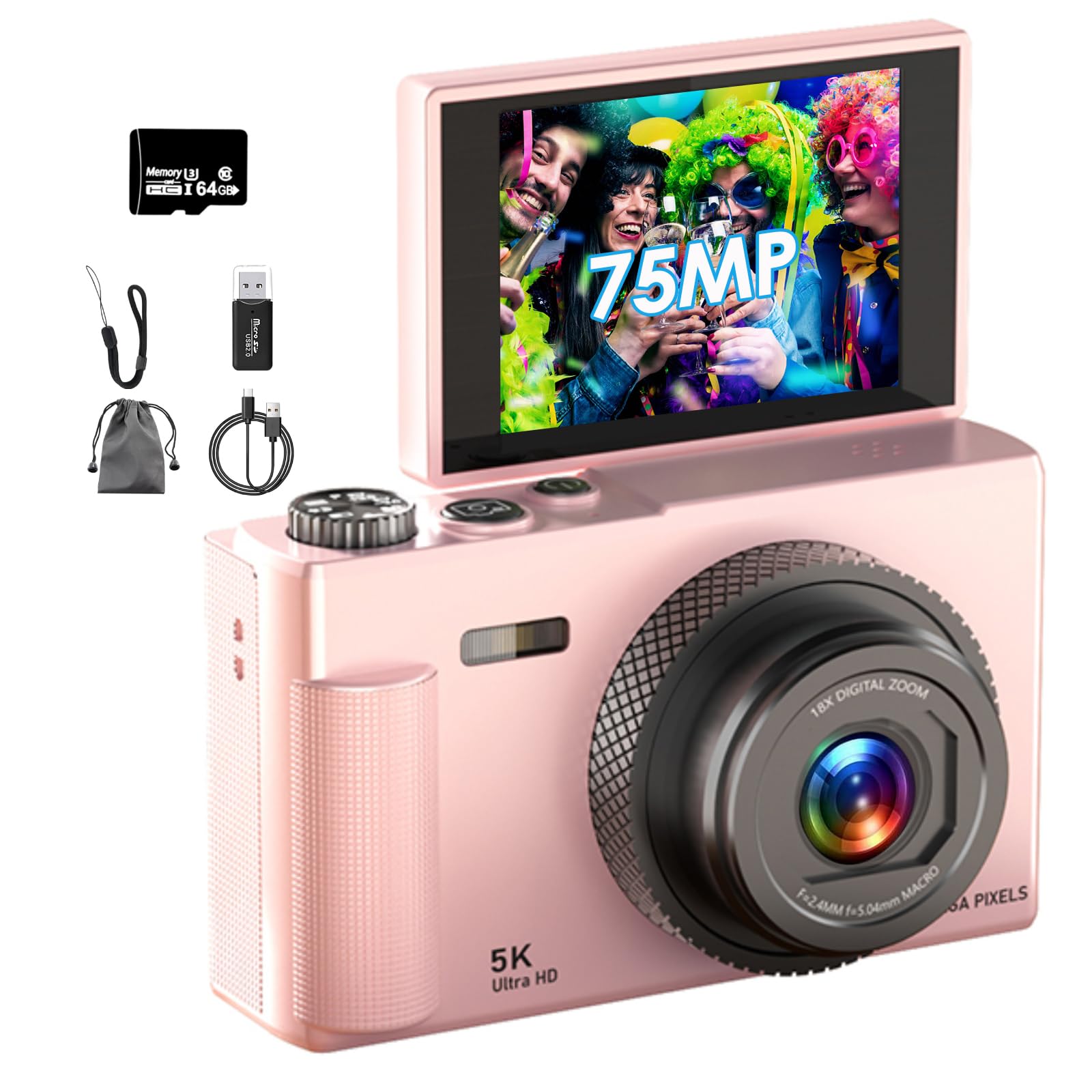 Appareil Photo Numérique UHD 5K 75MP avec Carte Micro SD 64 Go, Écran Rotatif 180° 2,83'', Zoom 18X, Anti-Shake, Compact (Rose)