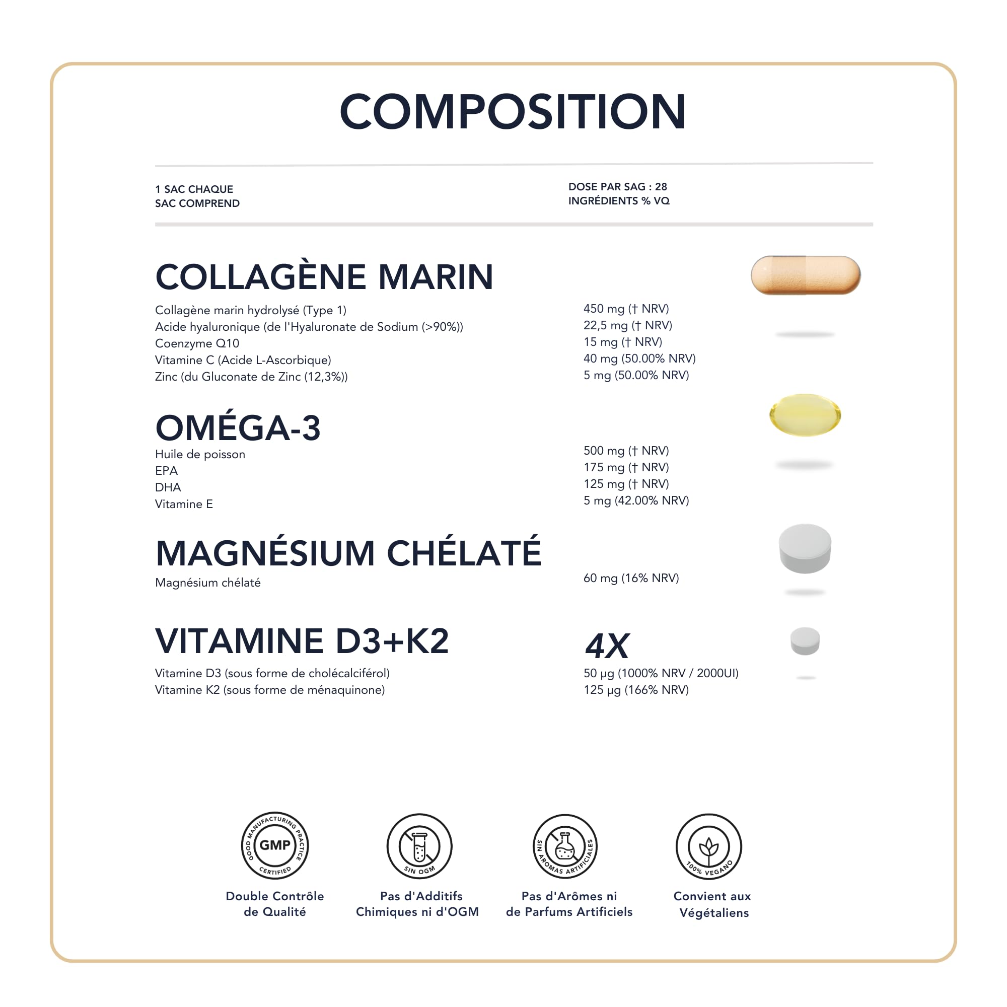 Omega 3 Magnésium Vitamine D3 K2 8000 UI Collagène Marin Hydrolysé Acide Hyaluronique Q10 Zinc – Gestion Osseuse et Cellulaire, 4 Compléments en 1 Paquet pour Articulations et Énergie I 28 Doses