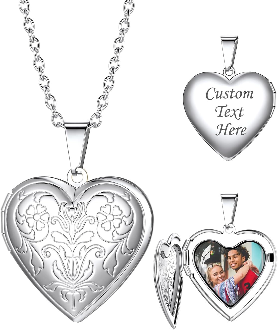 – Personalised locket Necklace for Women - Engraved Photo Necklace Heart Locket Silver/Gold/Black 40" / 50 CM Chain Adjustable Length, Custom Memory Gifts for Mum Wife (with Gift Box)