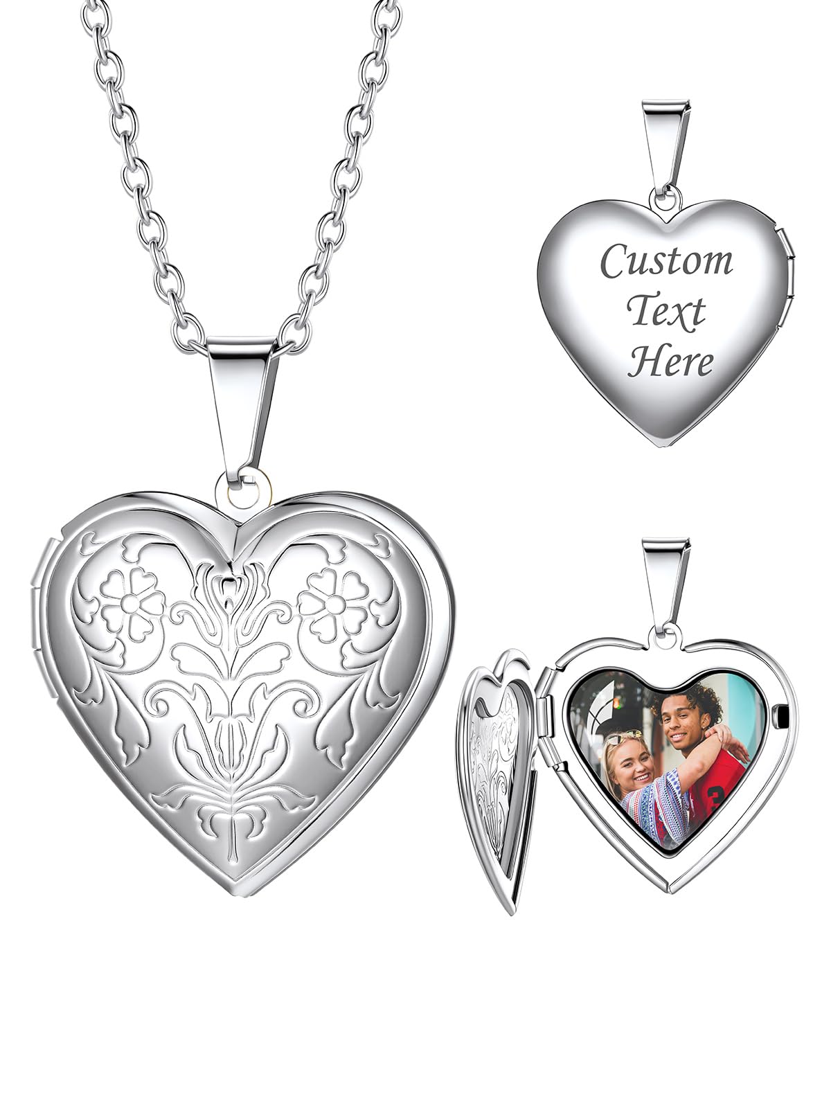 – Personalised locket Necklace for Women - Engraved Photo Necklace Heart Locket Silver/Gold/Black 40" / 50 CM Chain Adjustable Length, Custom Memory Gifts for Mum Wife (with Gift Box)