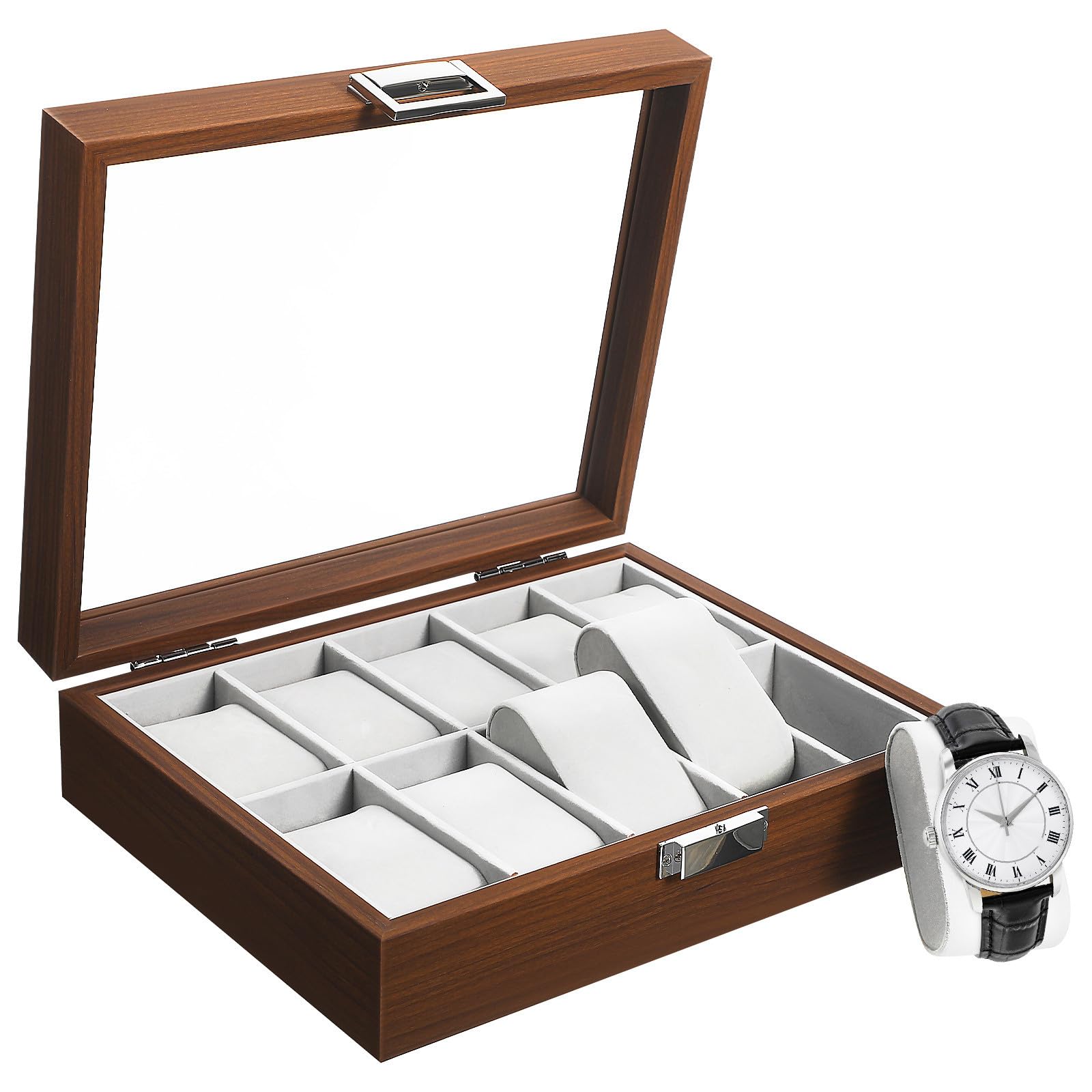 DOITOOL Caja Organizadora para Relojes de Madera con 10 Ranuras, Ventana Transparente y Diseño Vintage para Proteger y Exhibir Tus Relojes Fácilmente