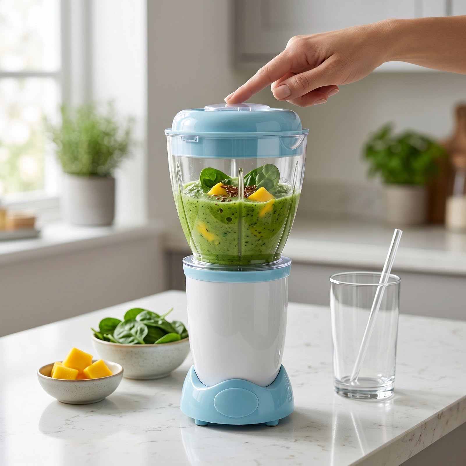 Fockety Robot de Cocina para Bebés, Procesador Multifunción de 200 W con Recipiente para Alimentos y Cuchillas de Acero, Batidora para Purés de Frutas, Verduras y Carnes (Azul Claro) (Enchufe de la