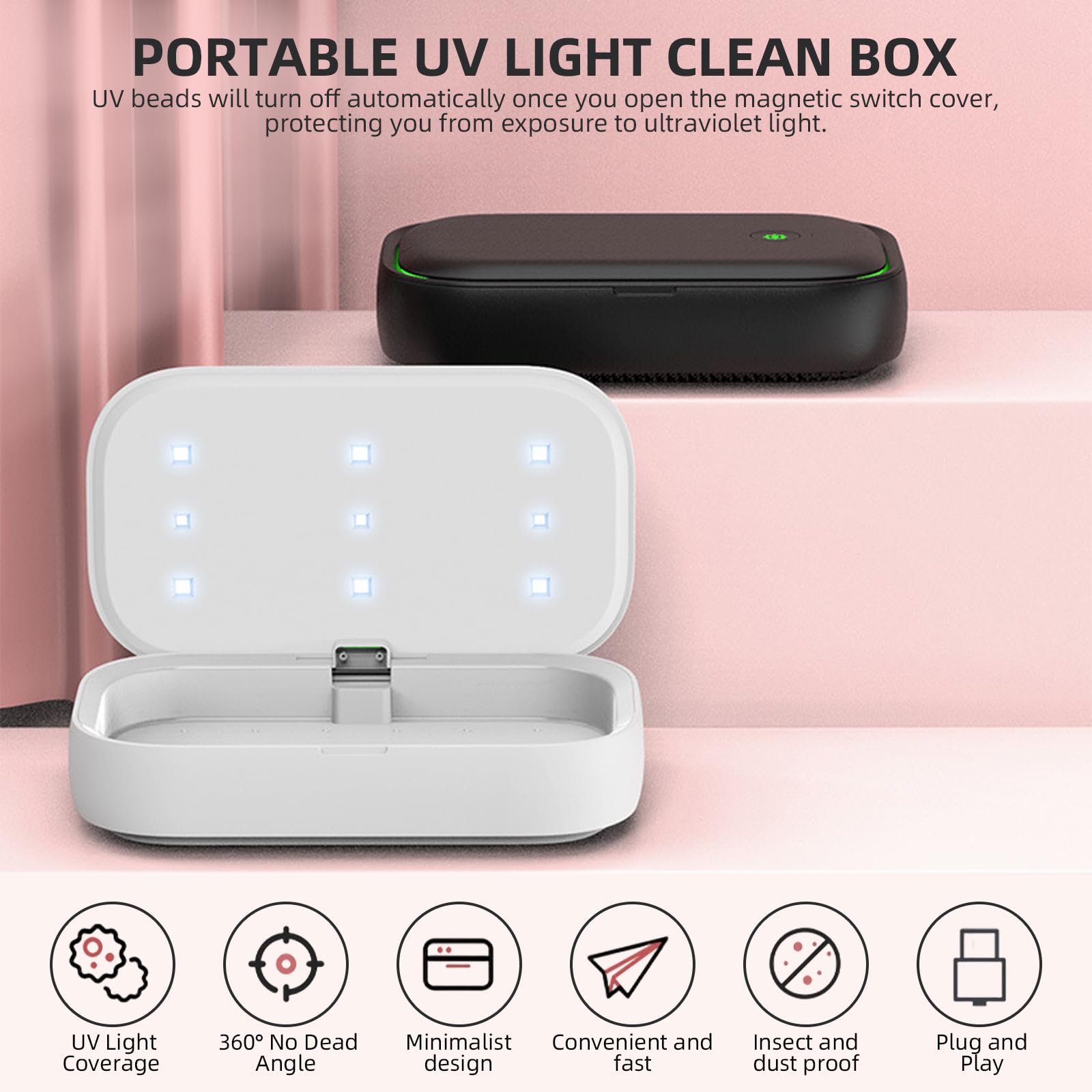 Caja de limpieza de teléfono con luz UV, limpiador UV portátil con ángulo de 360° sin muerto, para máscaras de teléfono, cepillos de dientes, joyas, brochas de maquillaje, gafas, llaves