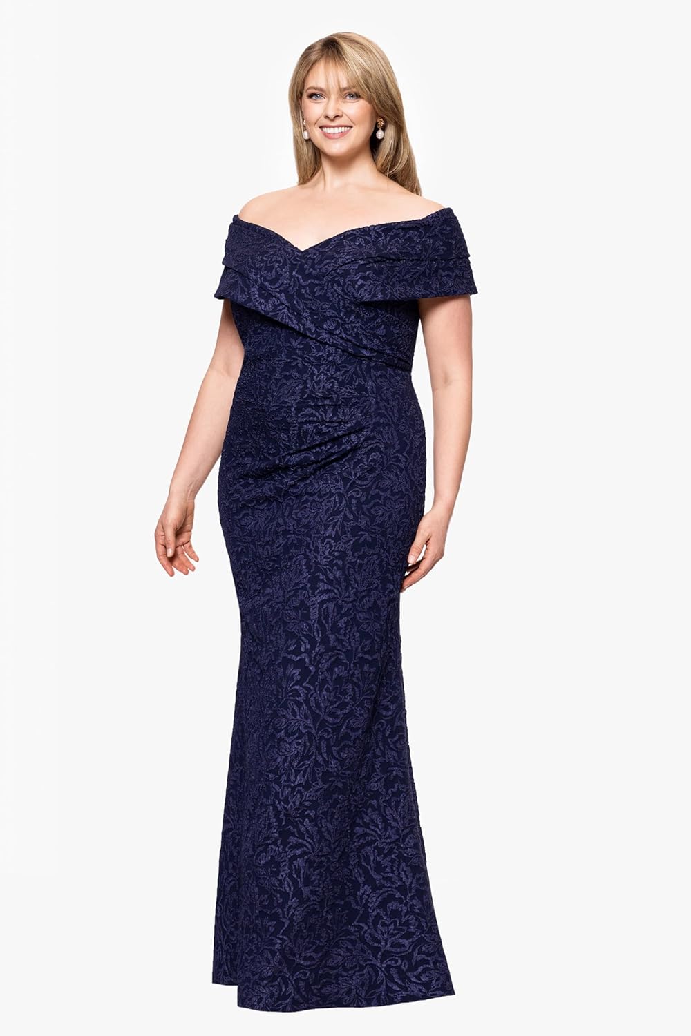 Betsy & Adam Women's Floor-Length, Off-The-Shoulder, Stretch Jacquard Gown, Navy/Navy, 22W - Image 5