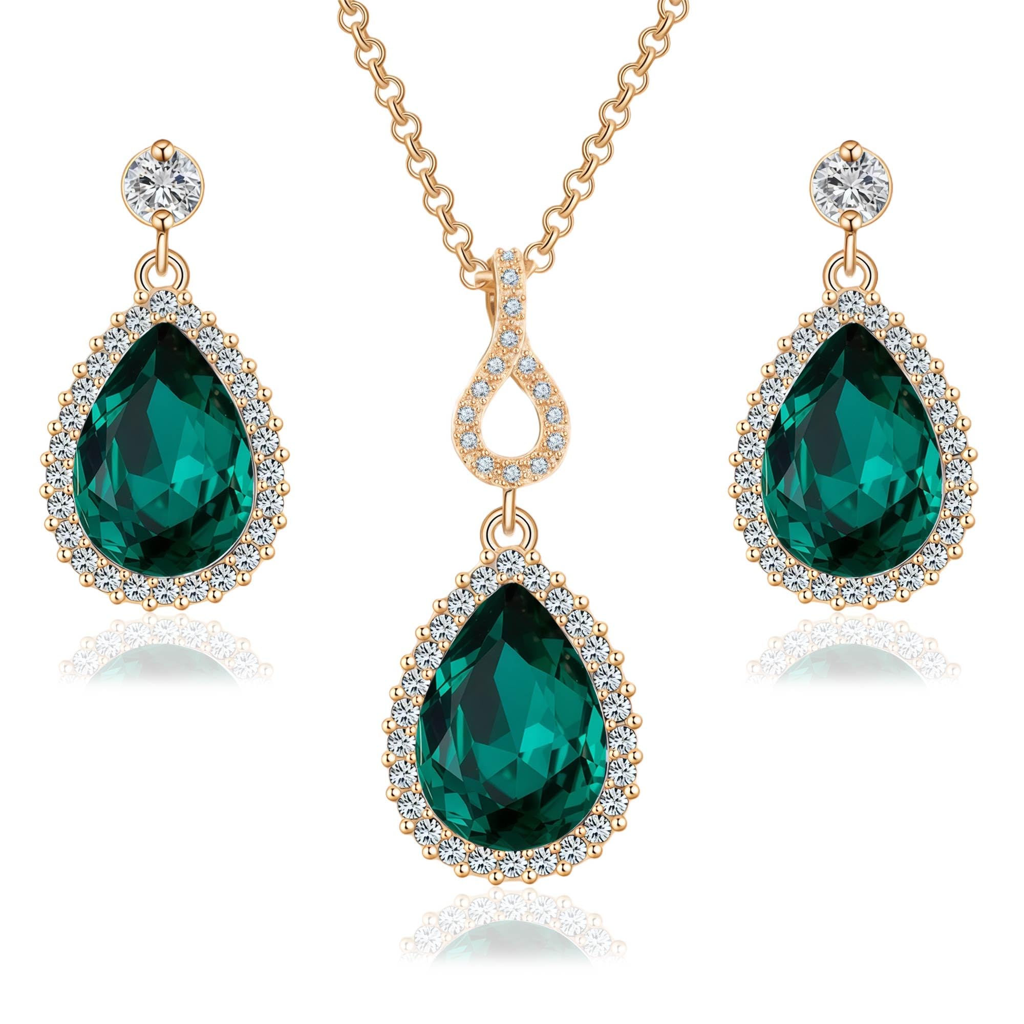 Swarovski Crystals Teardrop Pendant Necklace Earrings for Women 14K Gold Plated Hypoallergenic Jewelry Set (Green)