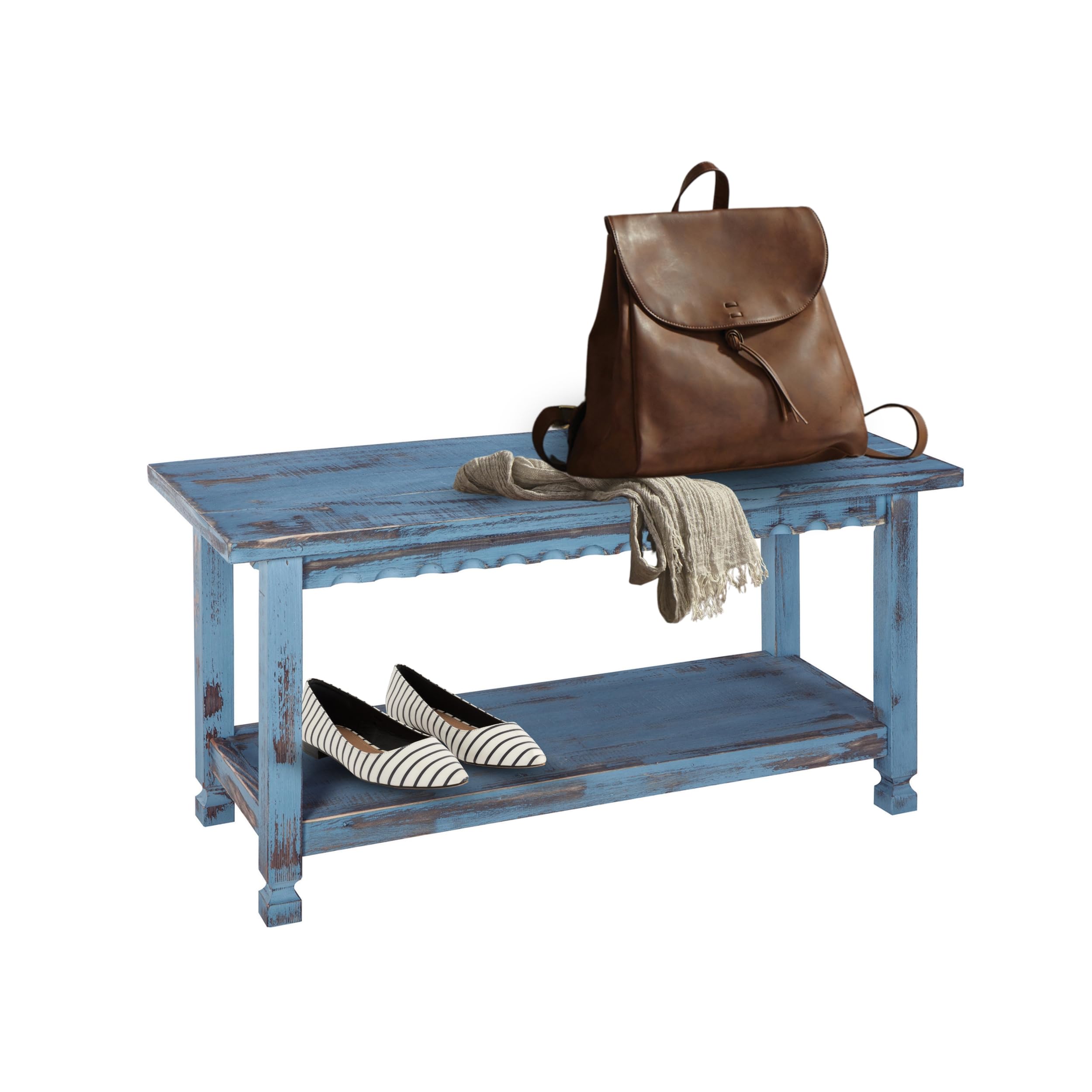 Country Cottage Entryway Bench with Storage Shelf – 36 Inch Solid Wood Farmhouse Bench in Antique Blue Distressed Finish for Rustic Hallway or Living Room Accent by Alaterre Furniture