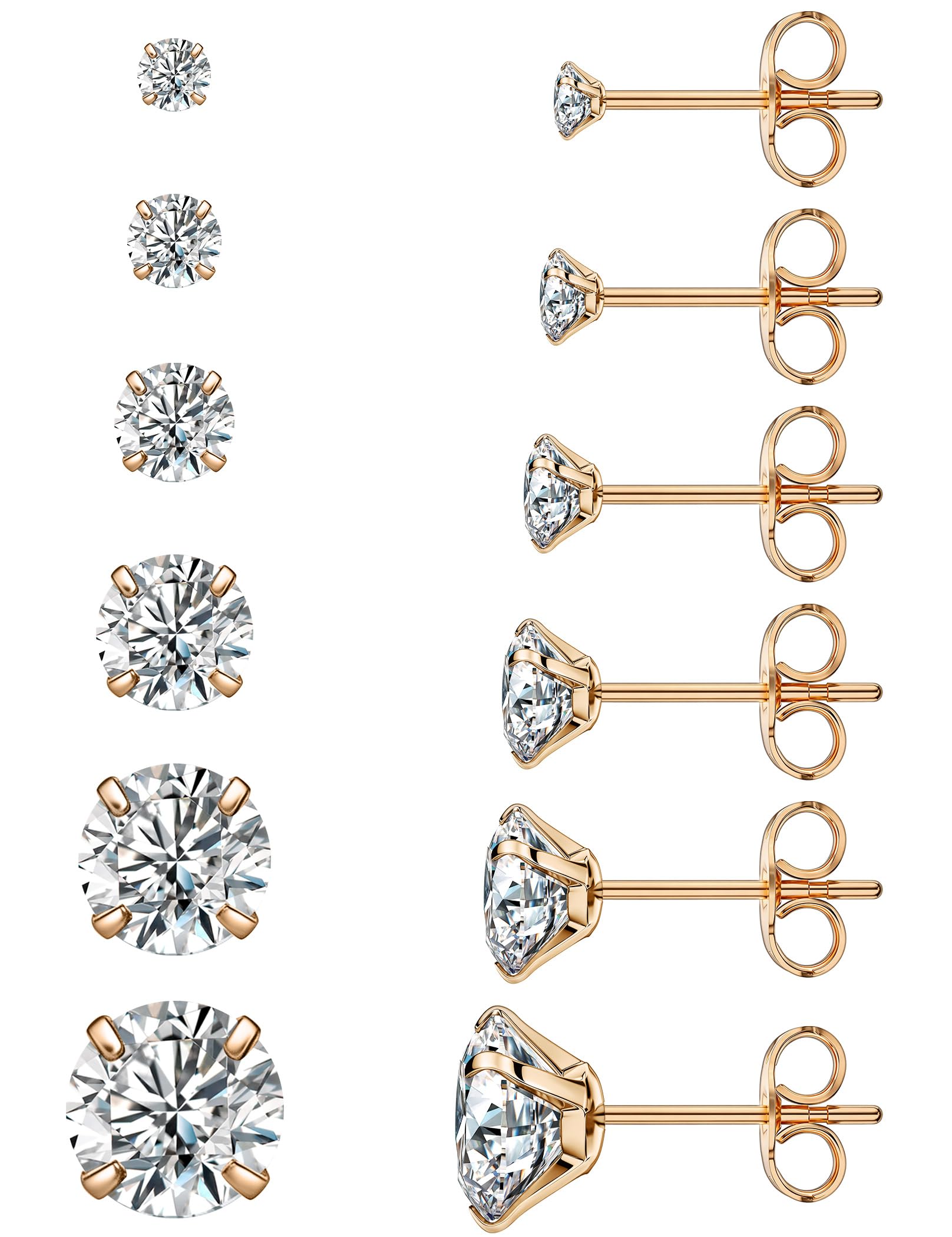 6 Pairs Stud Earrings Set, Hypoallergenic Cubic Zirconia 316L Earrings Stainless Steel CZ Earrings 3-8mm