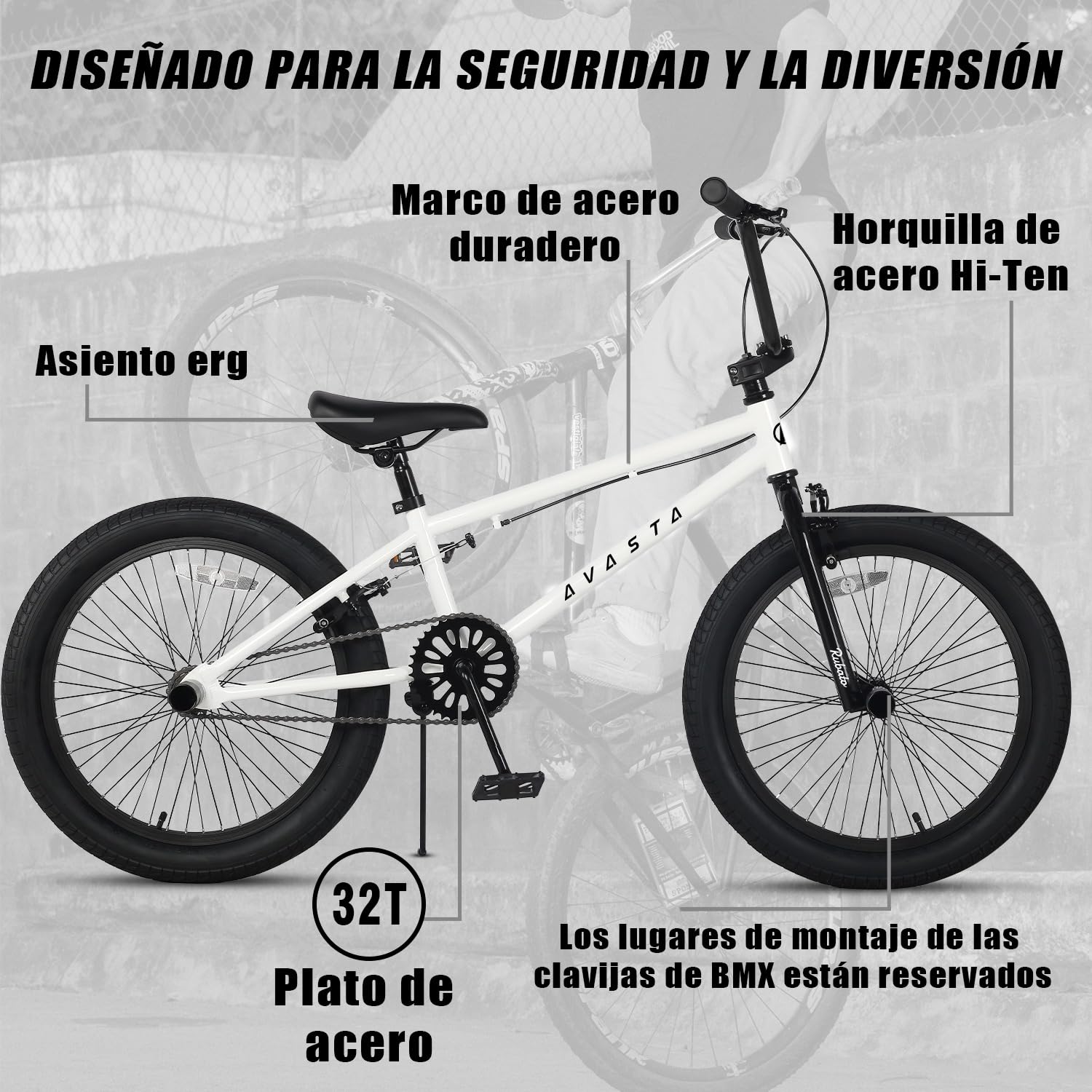 AVASTA 20 Pulgadas Freestyle niños BMX Bicicleta para 6 7 8 9 10 11 12 13 14 años niños niñas jóvenes Adultos y Principiantes Jinetes con 4 Peg, Blanco