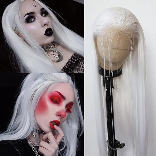 BTWTRY White Synthetic Lace Front Wig Long Straight Platinum Snow White Lace Front Synthetic Wig Pre Plucked Natural Hairline Glueless Heat Resistant Fiber Hair Wig for Fashion Women (White) - White