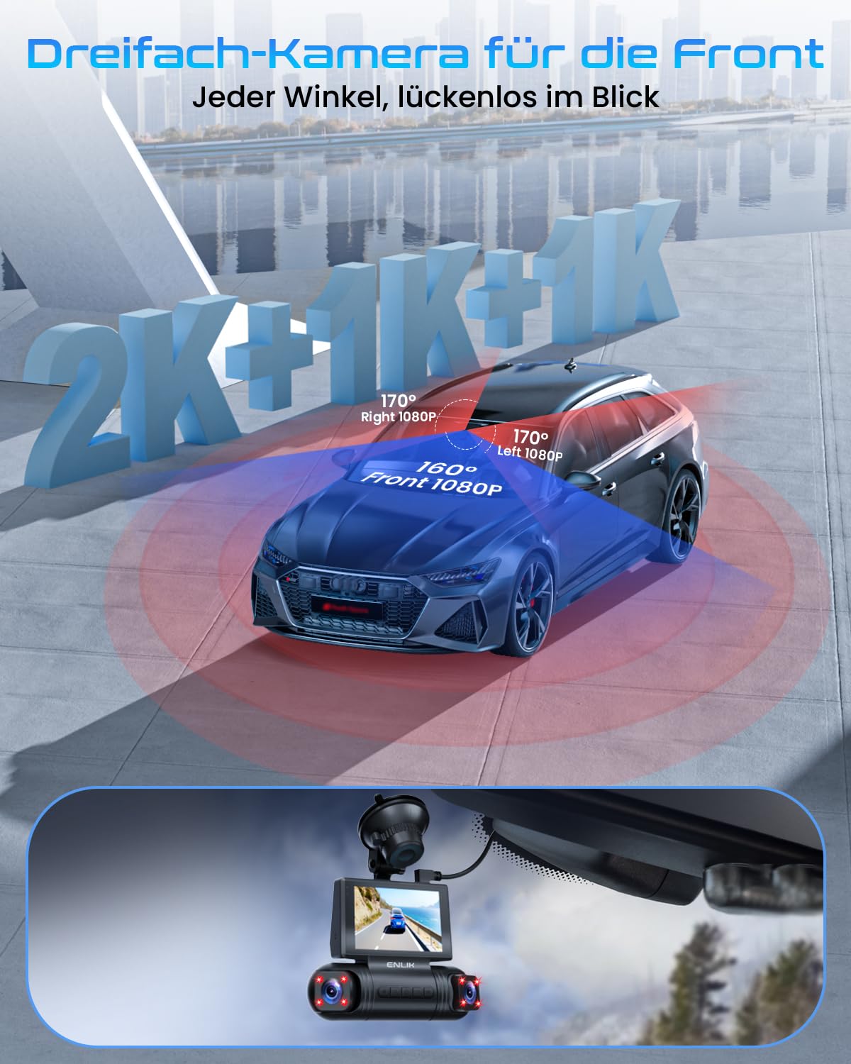 4-Kanal Wireless 2K Dashcam 360° Auto Dashcam mit Wi-Fi, G-Sensor, 8 IR-Nachtsicht-LEDs, 64GB SD-Karte