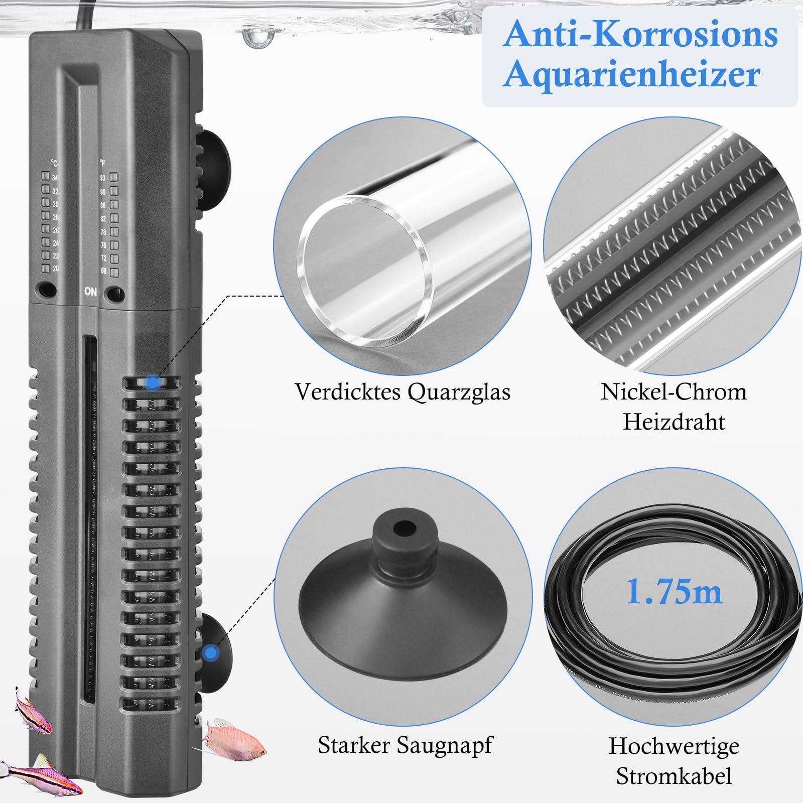 FEDOUR 600W Doppelrohr Aquarienheizer, Stabile Aquarium Heizstab mit Schutzkoffer, Einstellbarer Heizer für 300-540L Süß-/Salzwasser