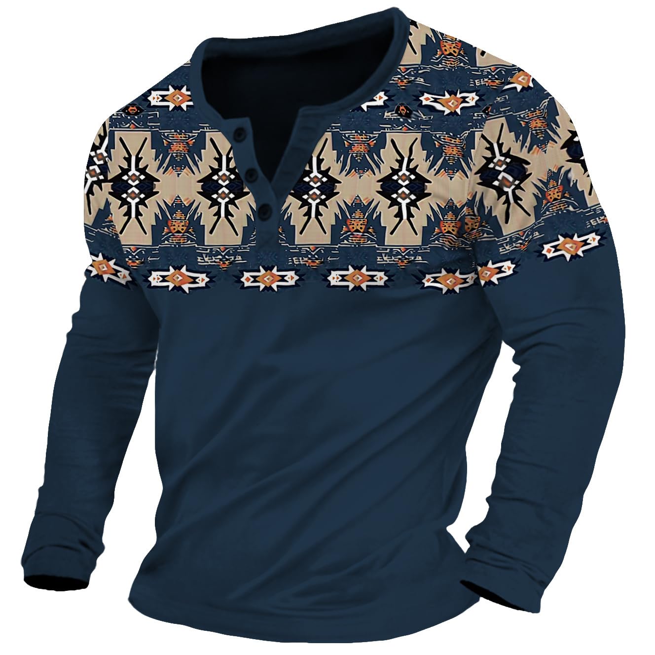YABTF Long Sleeve Aztec Shirts for Men Casual Button Henley Shirts Retro Graphic Tees Loose Fit Pullover Wester Tops