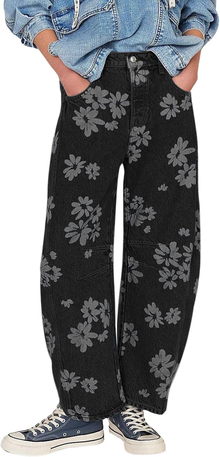 yoeasy Women's Mid Rise Baggy Barrel Jeans Floral Printed Wide Leg Y2k Boyfriend Jeans Denim Ankle Pants