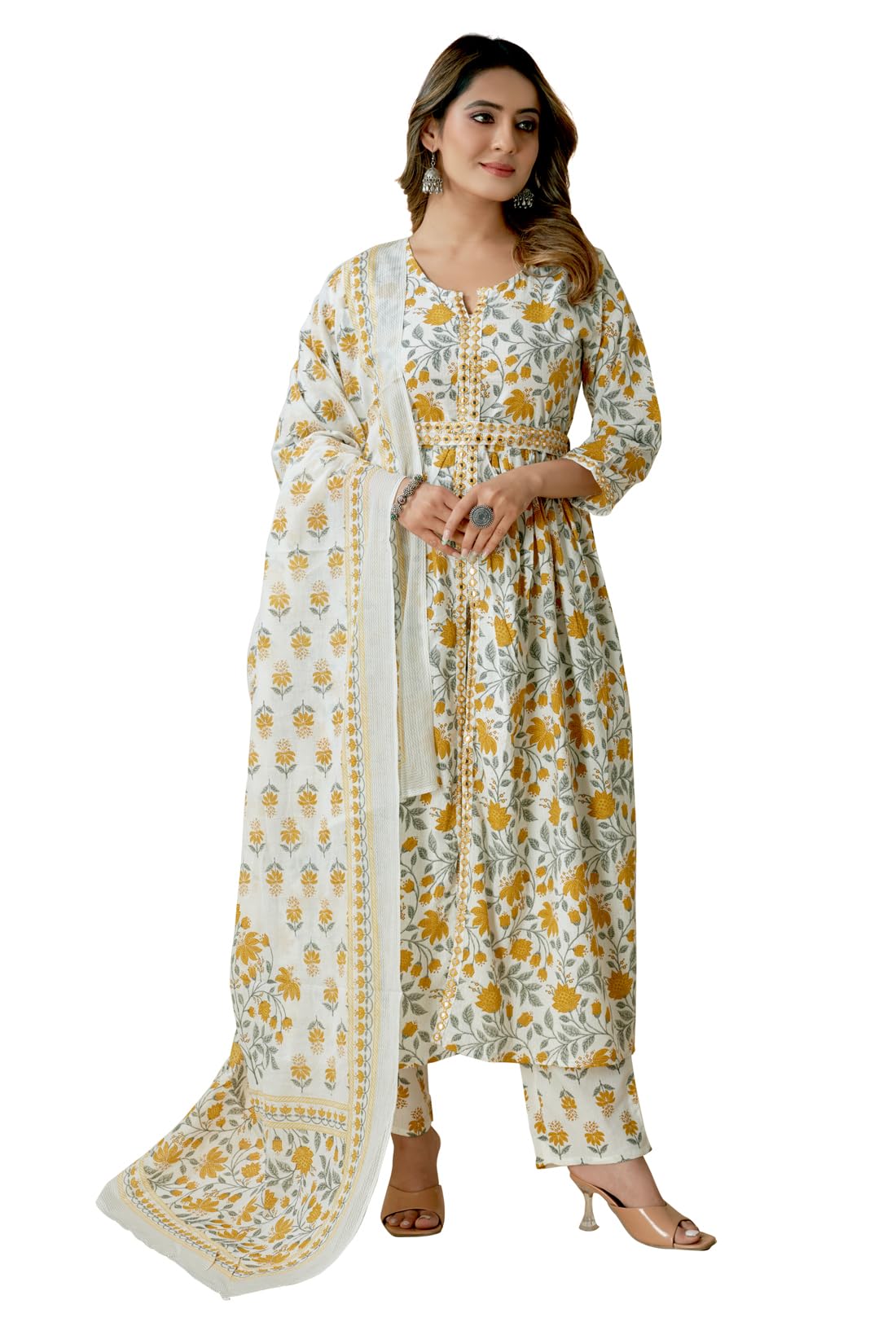 SARRASWomens Cotton Printed Straight Kurta Pant Dupatta Set