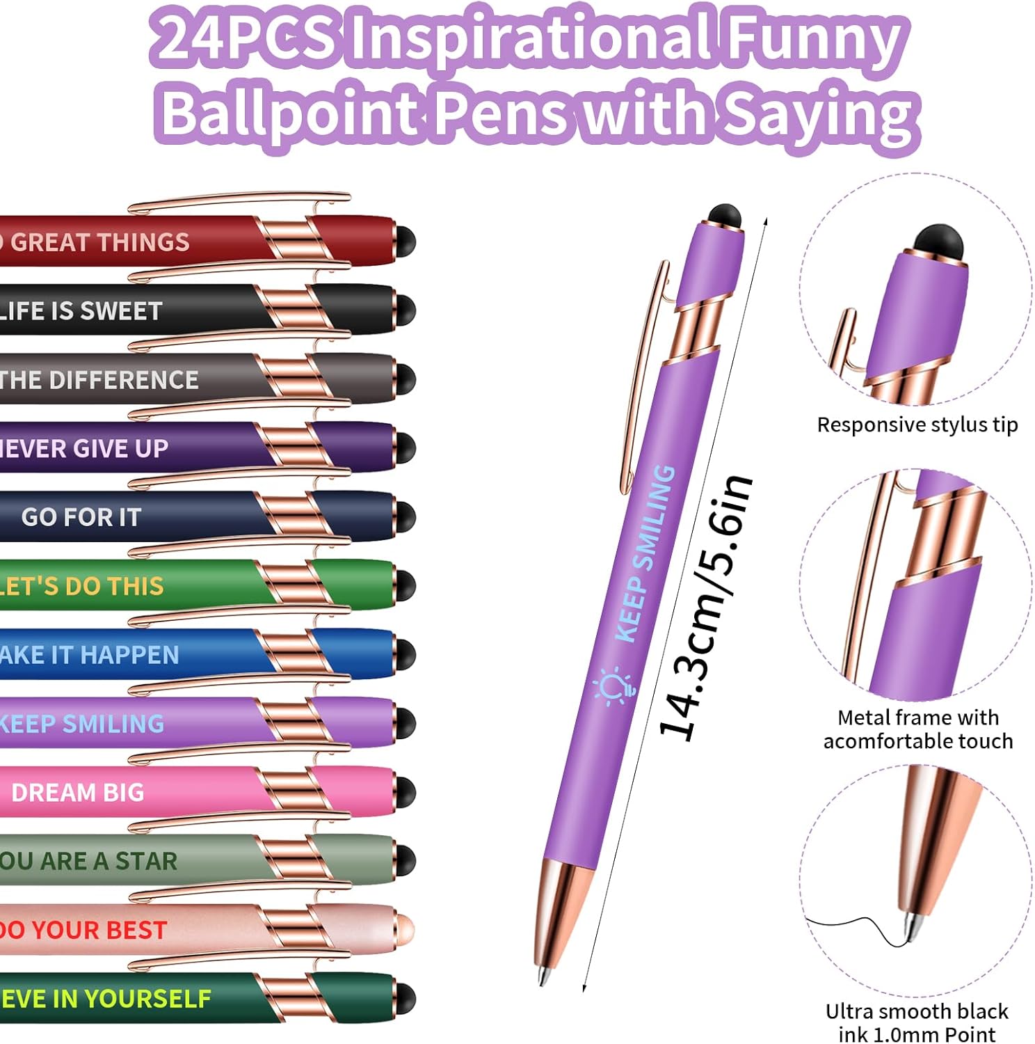 24 Pcs Inspirational Pens Bulk, Funny Motivational Ballpoint Pen with Screens Touch Stylus Tip, Motivational Gifts for Christmas School Office Supplies, Black Ink (12 Colors, Positive) - Image 2
