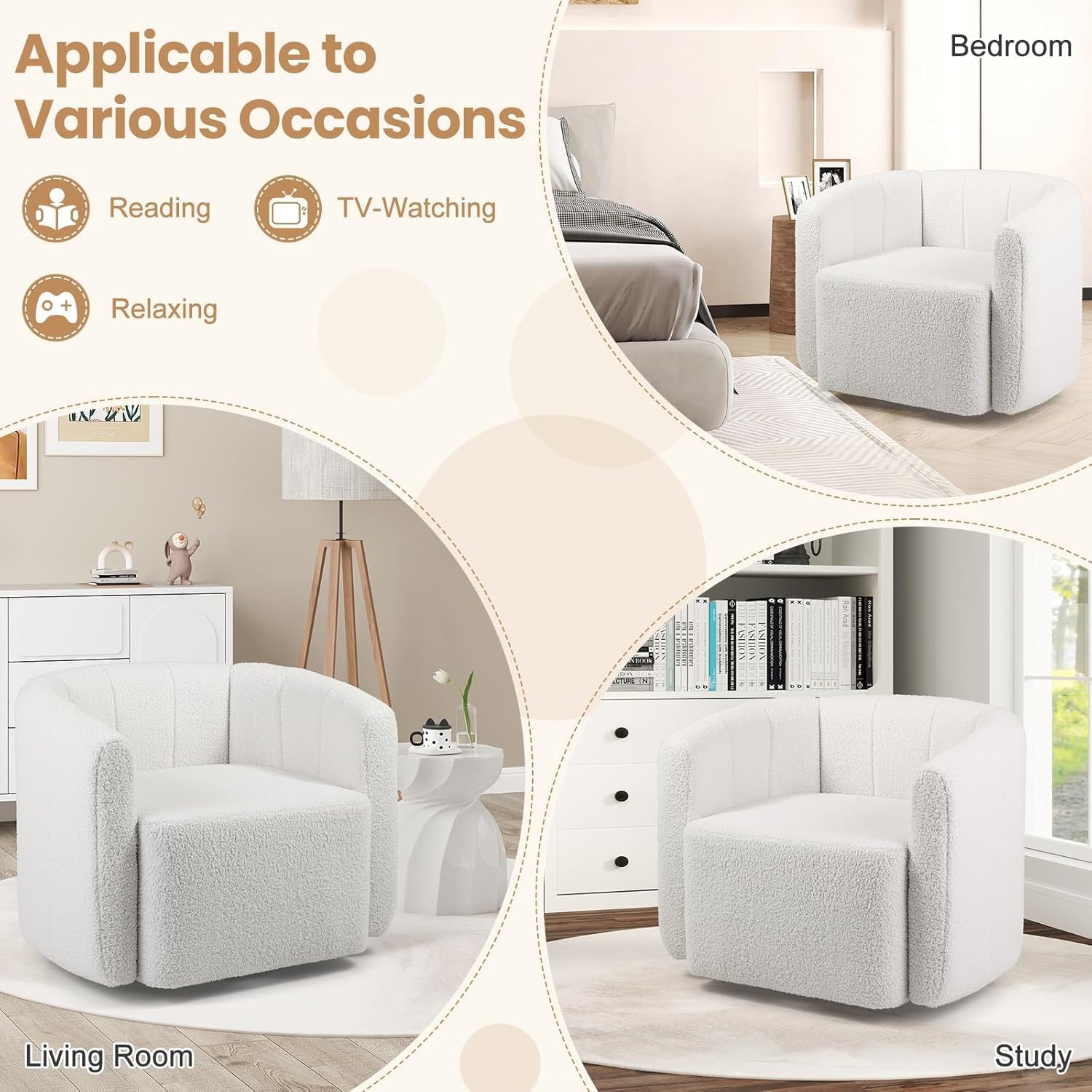 KOMFOTT Swivel Barrel Chair, Sherpa Fabric Accent Chair with Curved Backrest & Armrests, Upholstered Armchair with Wide Seat, Pumpkin Shaped Single Sofa Chair for Living Room, Bedroom, White