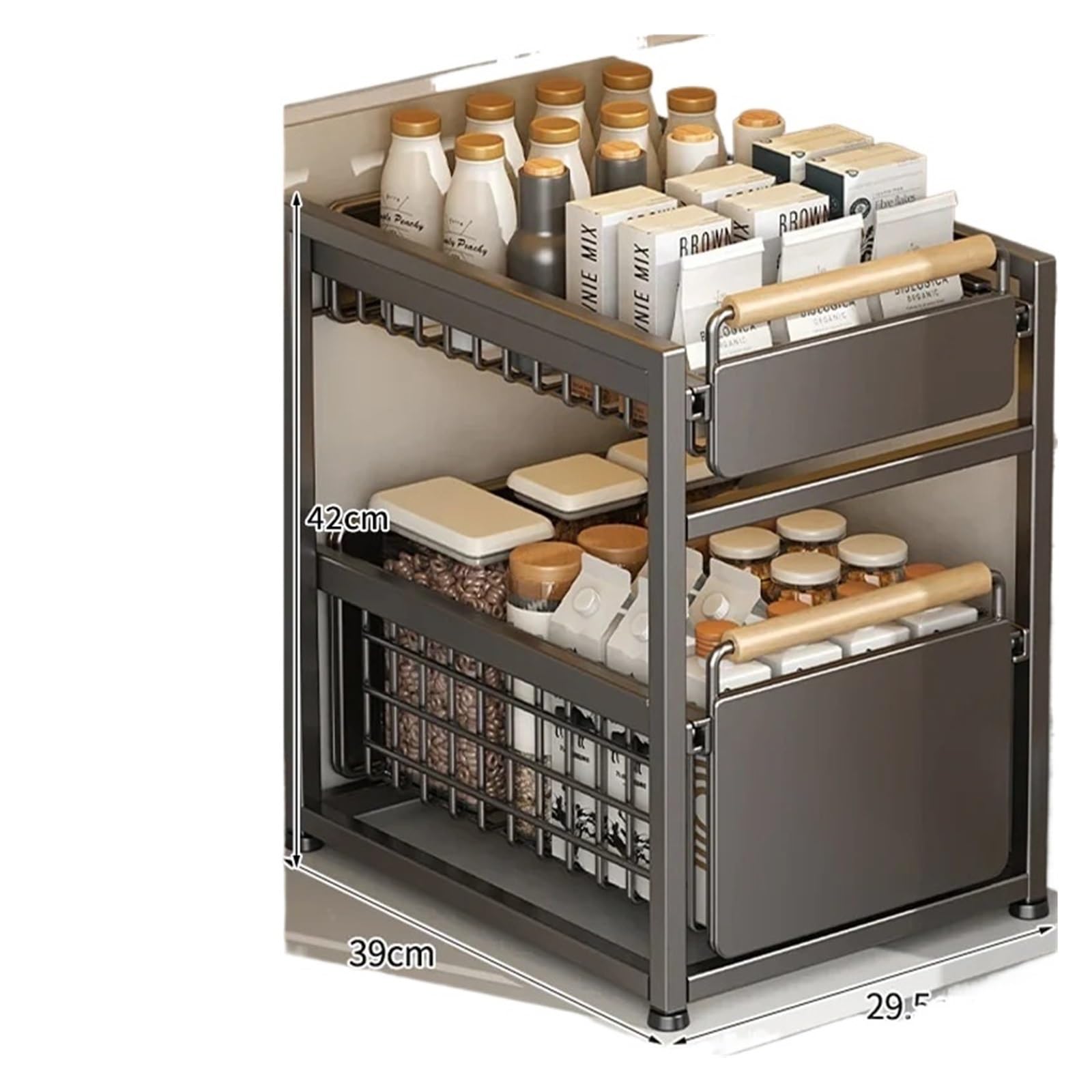 GYTTDERFL Kitchen Shelves Under Sink Organizer Rack 1/2 Tier Pull-Out Basket for Seasoning Dishes Household Sundries Layered Kitchen Sink Storage(DARK GRAY)
