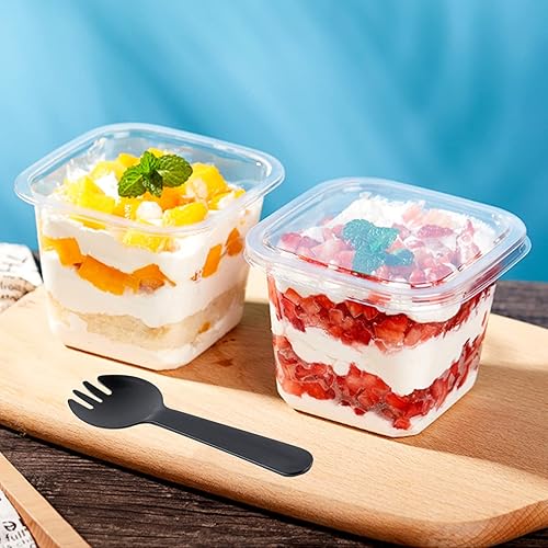 Miniatura 4 de TOFLEN 50Ct 12 oz Square Plastic Dessert Cups with Lids and Sporks, Clear Plastic Yogurt Parfait Cups Cake Cups for Pudding, Fruit, Mousse