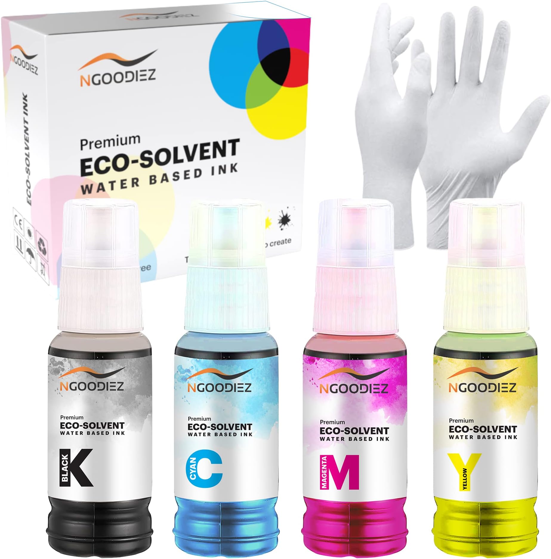 NGOODIEZ Eco Solvent Ink Auto-Fill Water Based Ink, Conversion Kit Refill Ink for Epson EcoTank & Workforce Printers - Ideal for HTV, Vinyl Stickers, Decals, T-Shirts, Mugs (1B/1C/1M/1Y, 4x70ml)