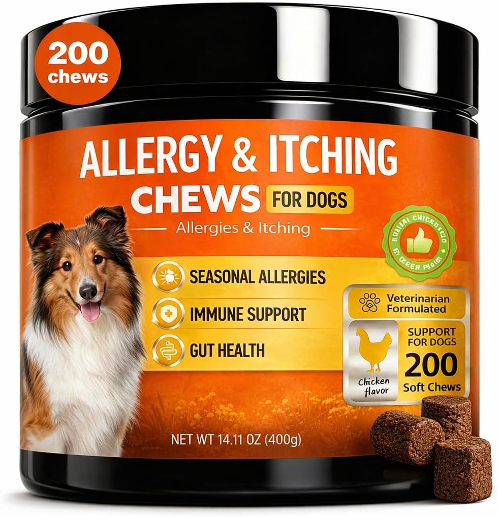 Dog Allergy Relief Chews for Itchy Skin & Coat – Probiotics & Omega 3 Skin Support Supplement – Anti Itch Soft Chews for Dogs – Immune & Seasonal Support – Chicken Flavor – 200 Count